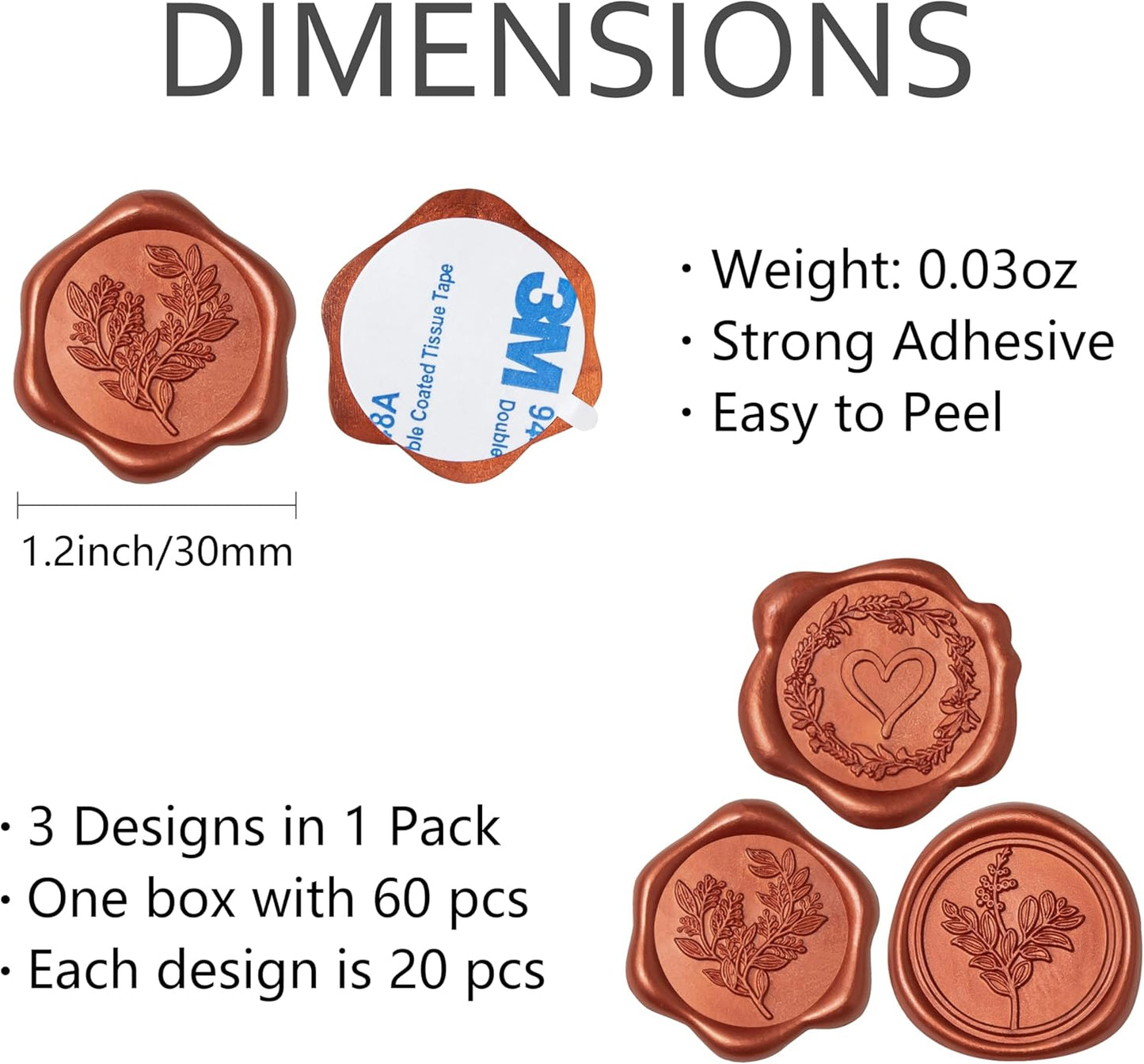 60 Pcs Burnt Orange Wax Seal Stickers Self-Adhesive Envelope Seals Stamp Stickers, Perfect for Wedding Invitations Seating Chart Christmas Gift Wrapping 3 Designs in 1 Pack