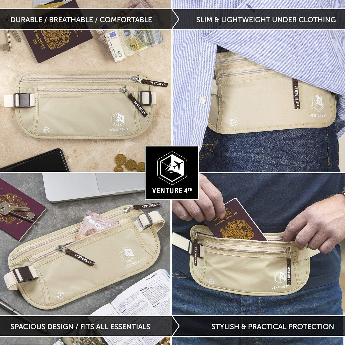 VENTURE 4TH Travel Money Belt - Slim Passport Holder RFID Blocking Travel Pouch to Protect Cash, Credit Cards and Travel Documents (Beige)