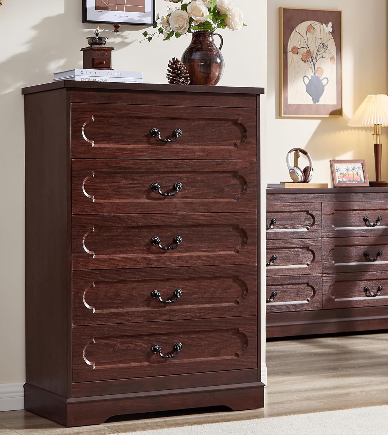 LIDYUK 5 Drawer Dresser for Bedroom Farmhouse Cherry Wood Chest of Drawers for Bedroom Dresser, Rustic 46" Tall Wide Drawers Dressers Wooden Closet Storage Cabinet, Hallway, Living Room