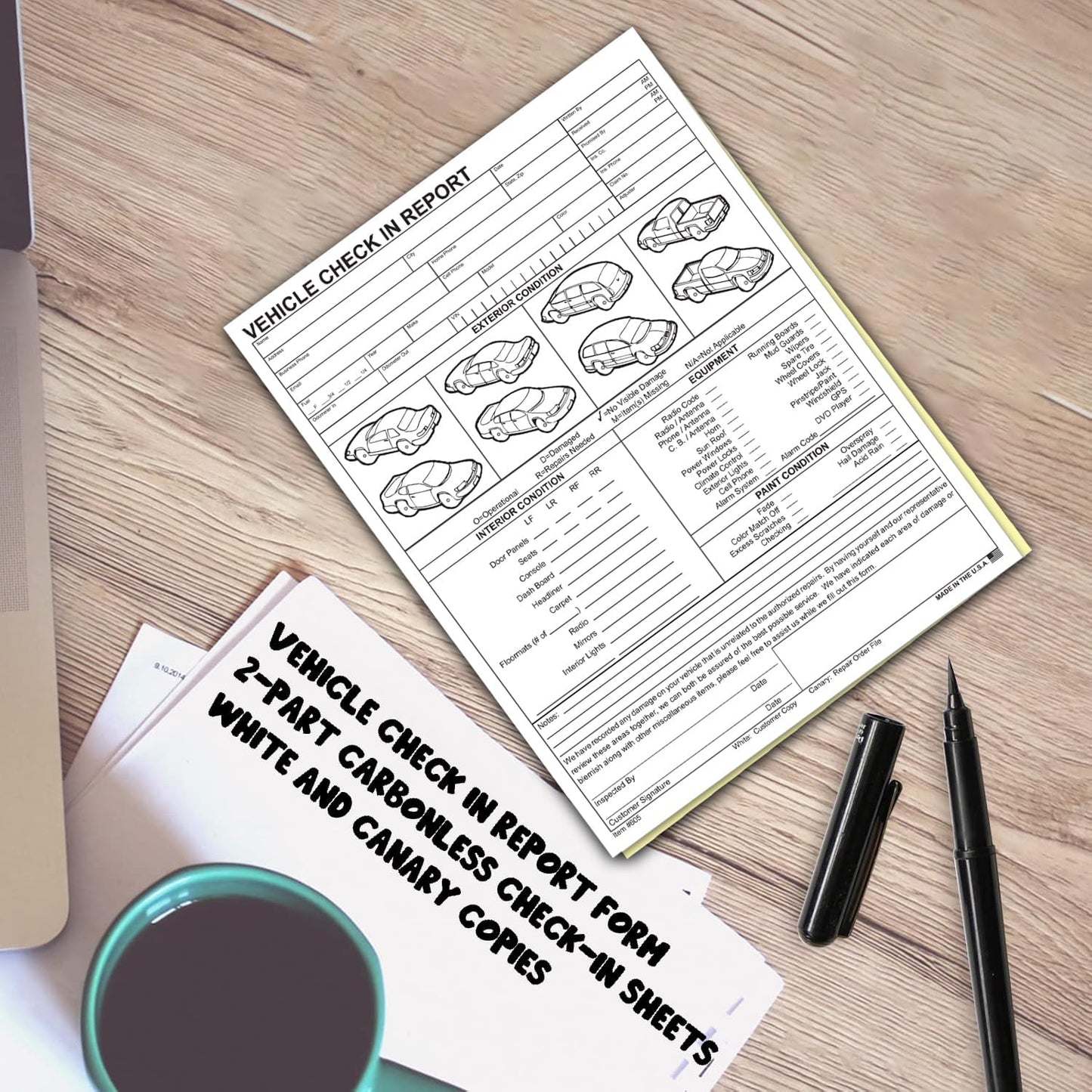 Vehicle Check-In Form Pad – 8.5" x 11" 2-Part Carbonless Auto Condition Report – White & Canary Copies – Service Intake Sheet for Car Dealerships, Repair Shops & Mechanics – Pack of 300
