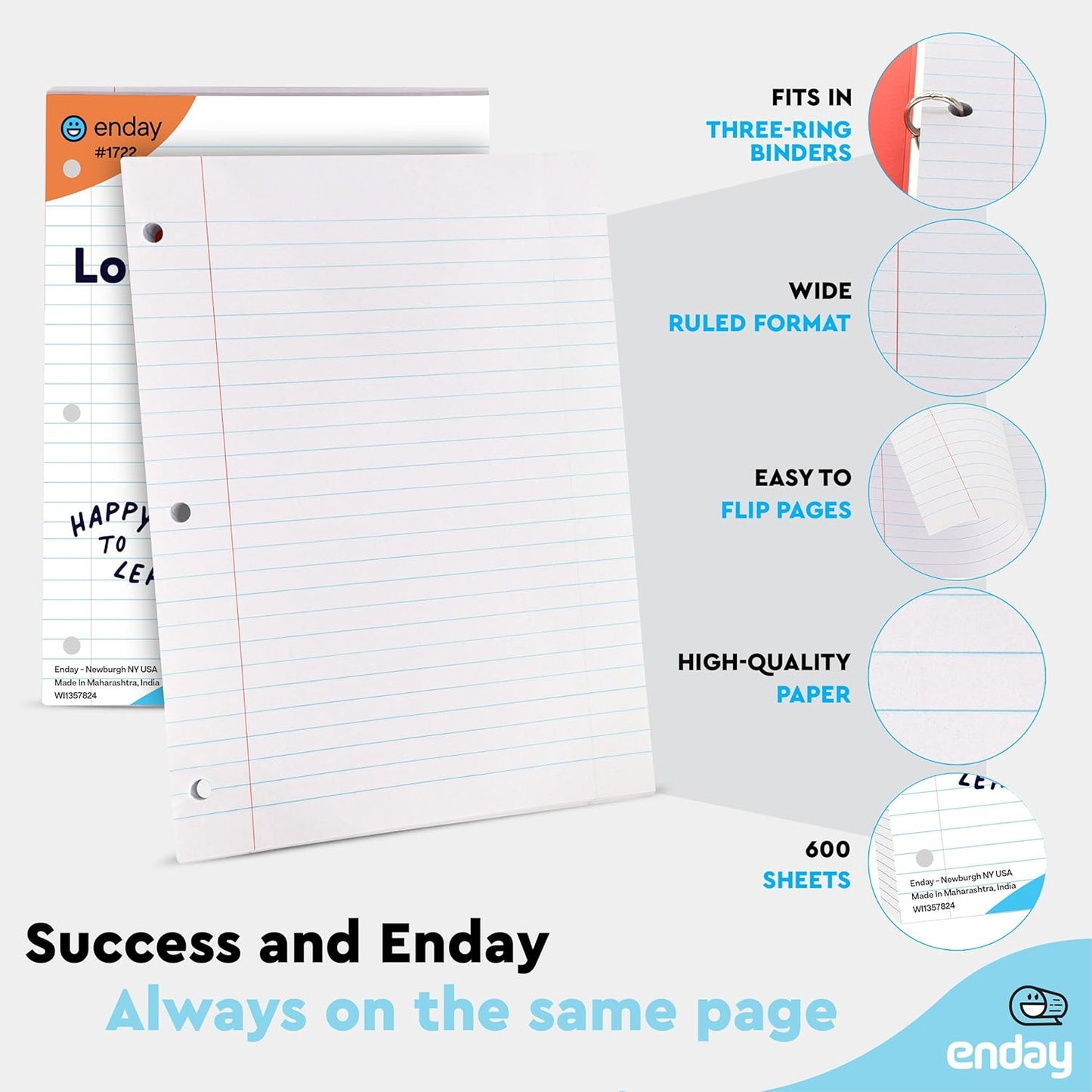 Loose Leaf Paper Wide Ruled Notebook Paper, 8" x 10.5" Filler Paper White, 3 Hole Punched Binder Paper for 3 Ring Binders, Lined Paper 150 Sheets Per Pack (4 Pack) - By Enday