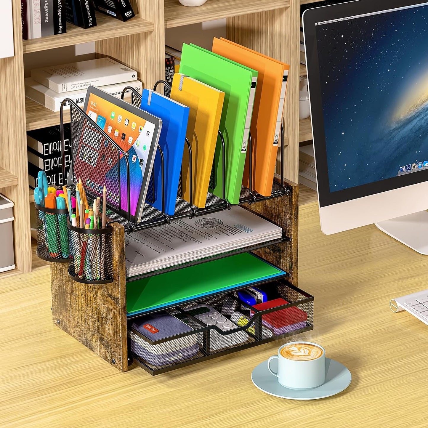 4-Tier Mesh Desk Organizer, Wooden Desk File Organizer with 5 Vertical File Holders and 2 Pen Holders, Desktop Organizers and Accessories with Drawer for Home Office