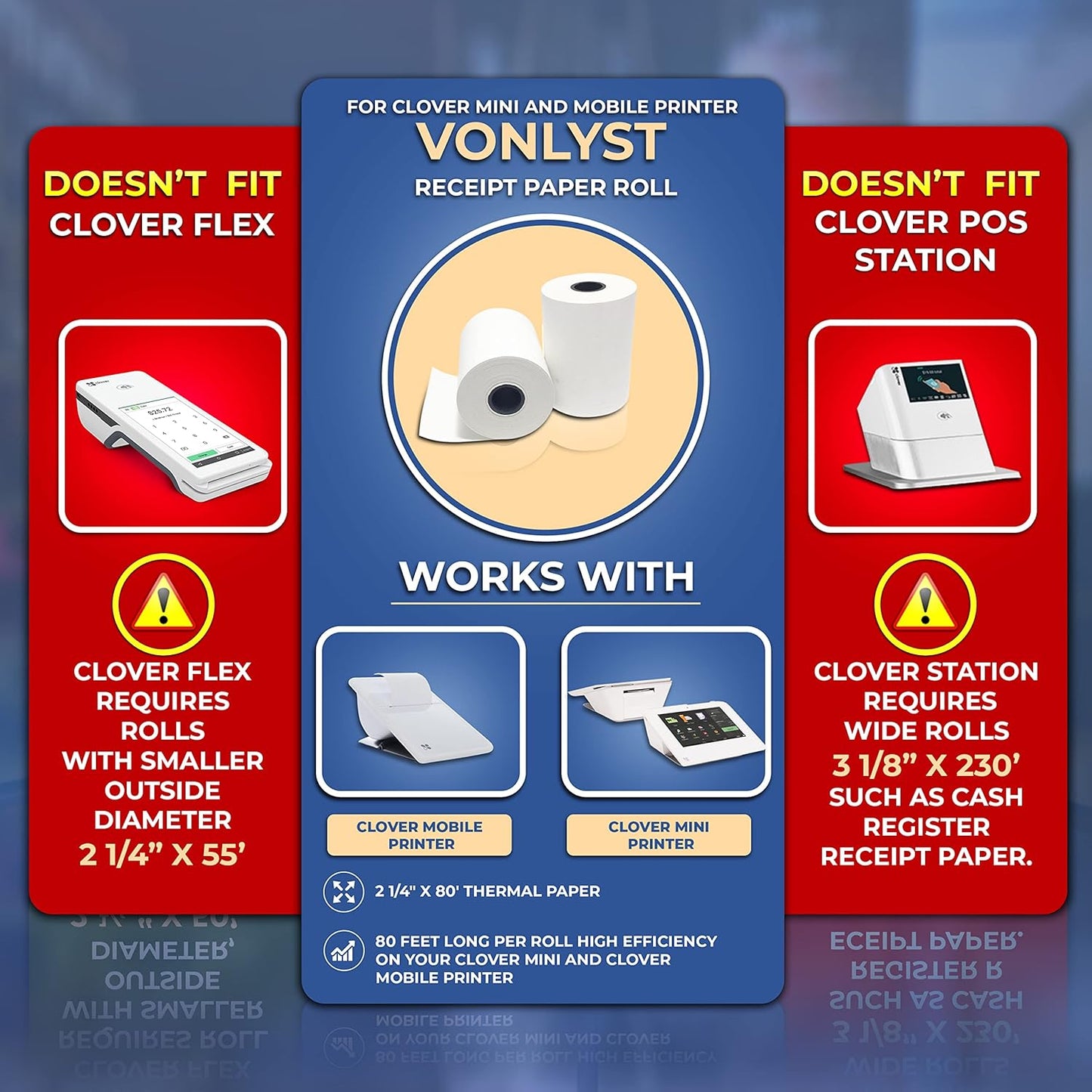 Receipt Paper for Clover Mini and Clover Mobile Thermal Printer 2 1/4 x 80 (30 rolls)