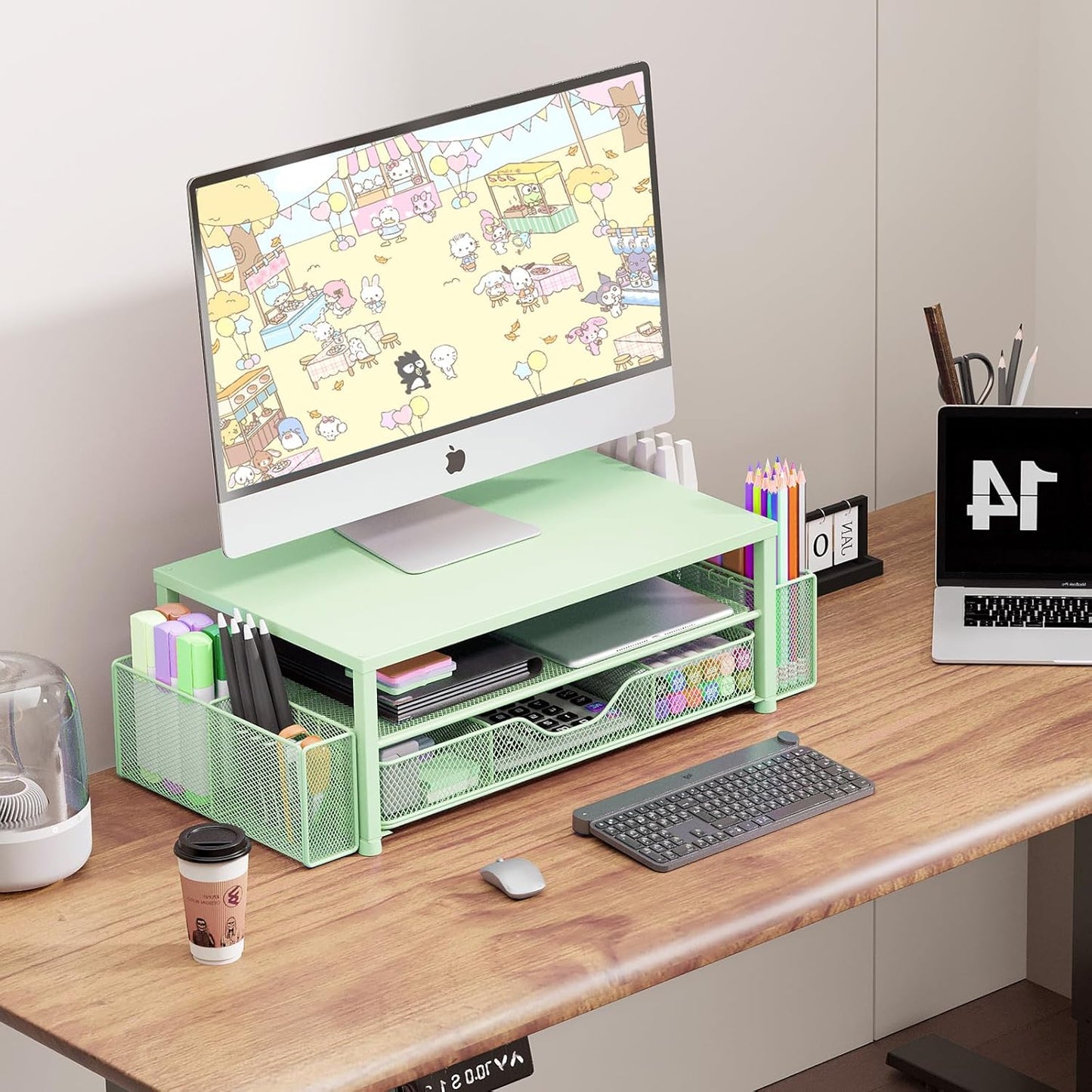 Desk Organizers and Accessories, 2-Tier Computer Monitor Stand Riser with Drawer and 2 Pen Holders, Laptop Stand, Office Desk Accessories for Office Supplies, Green