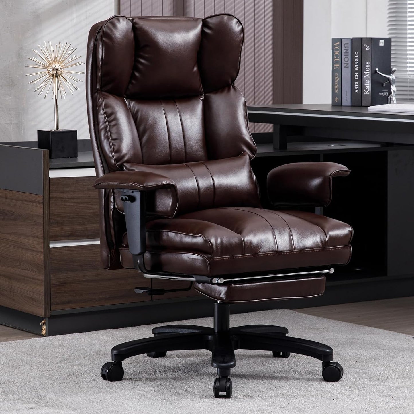 Big and Tall Office Chair 500lbs Wide Seat Executive Office Desk Chair High-Back Office Task Chair with Foot Rest, Ergonomic Lumbar Support Computer Office Chairs for Heavy People(Brown)