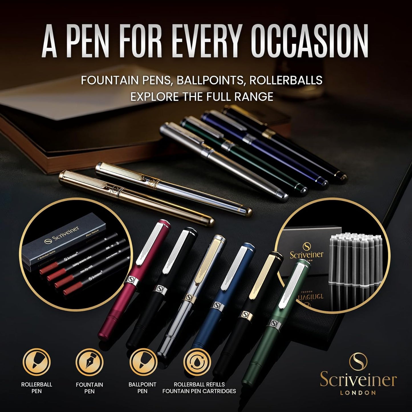 Scriveiner Black Green Ballpoint Pen - Black Green Luxury Pen, Chrome Finish, Schmidt Black Refill, Best Ball Pen Gift Set for Men & Women, Professional Executive Office, Nice Designer Pen