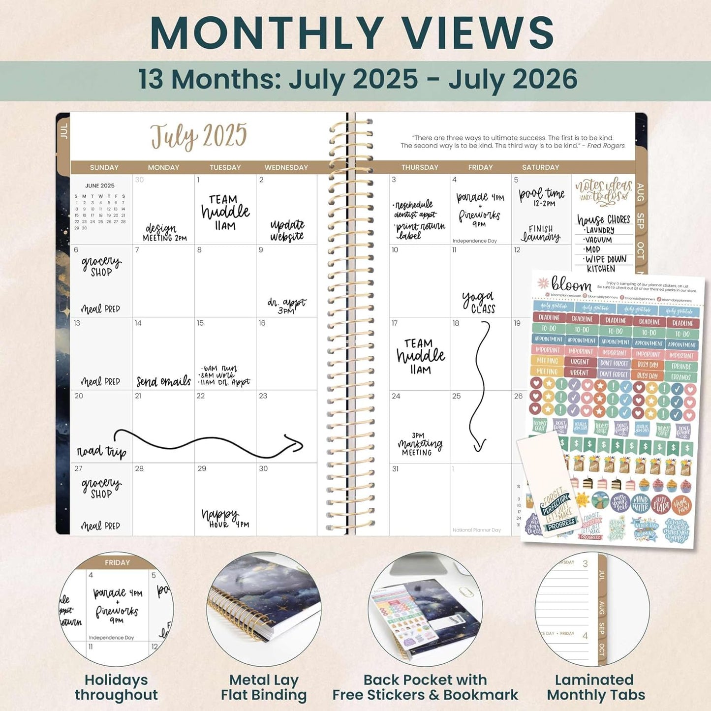 bloom daily planners 2025-2026 Academic Year Daily Planner (July 2025 - July 2026) - A5 Weekly & Monthly Calendar Agenda Organizer Book with Stickers - 5.5" x 8.25" - Midnight Sky