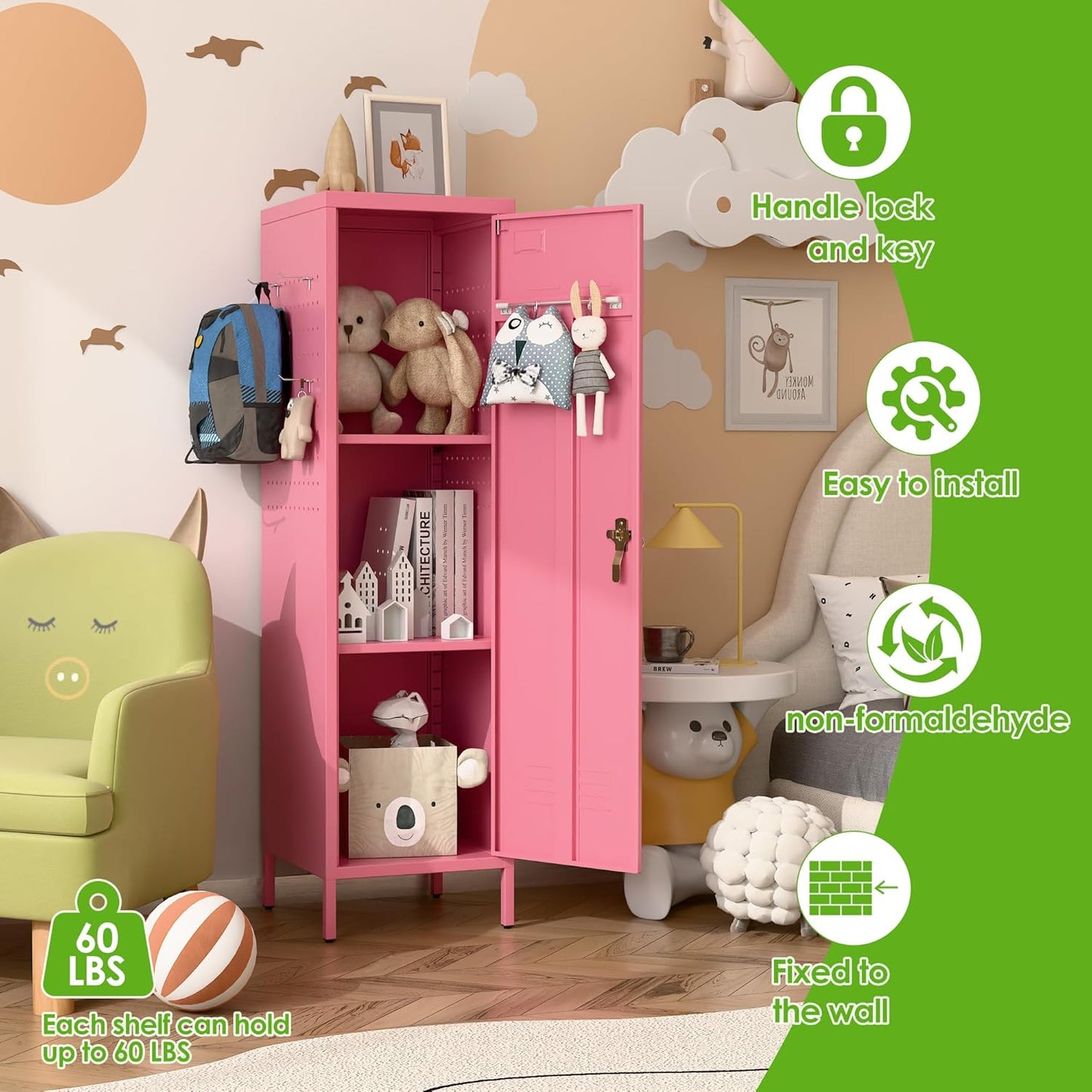 Aobabo Metal 54" H Metal Storage Locker for Employees, Lockable 1 Door with Towel Rack and 2 Side Pegboards with Hooks for School Office Gym Home, Assembly Required (Pink)