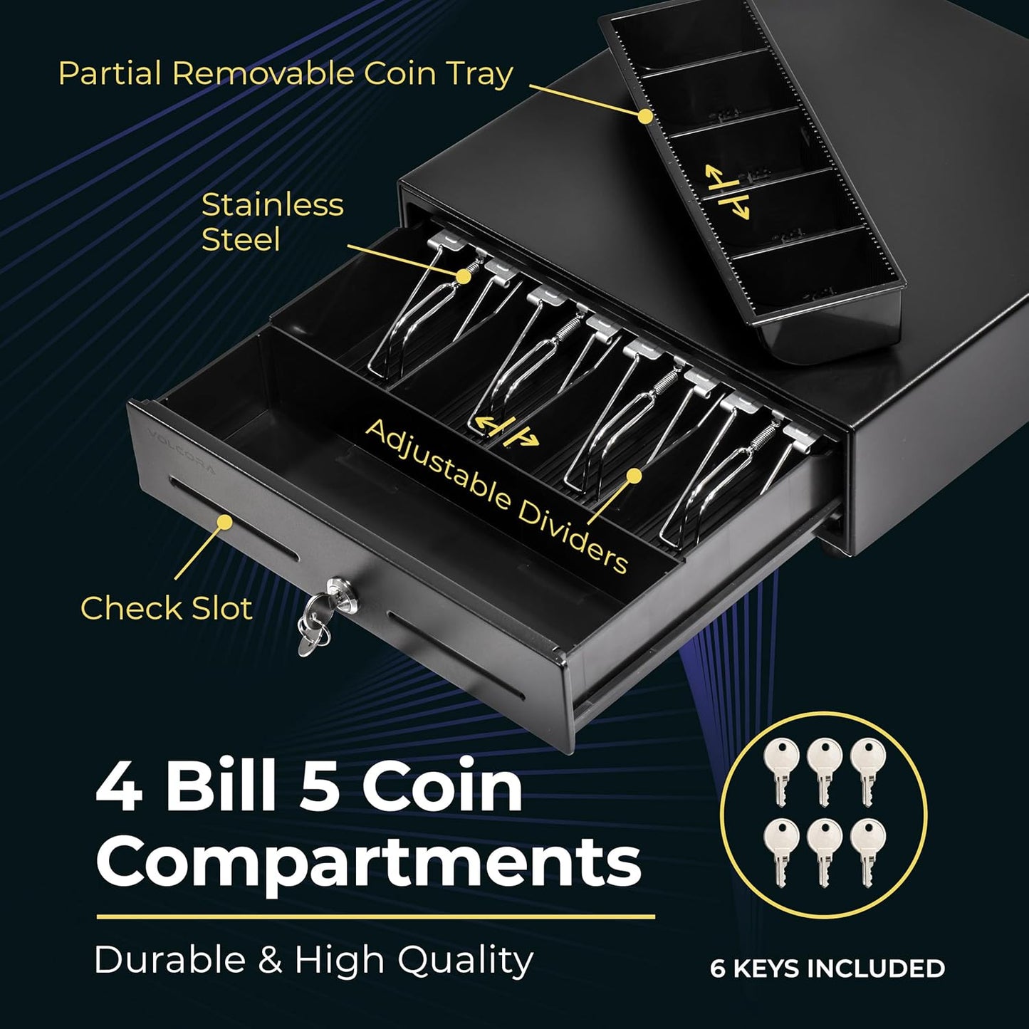 Volcora 13" Manual Push Open Cash Register Drawer for Point of Sale (POS) System, Black Heavy Duty Till with 4 Bills and 5 Coin Slots, Key Lock with Removable Coin Tray and Double Media Slots