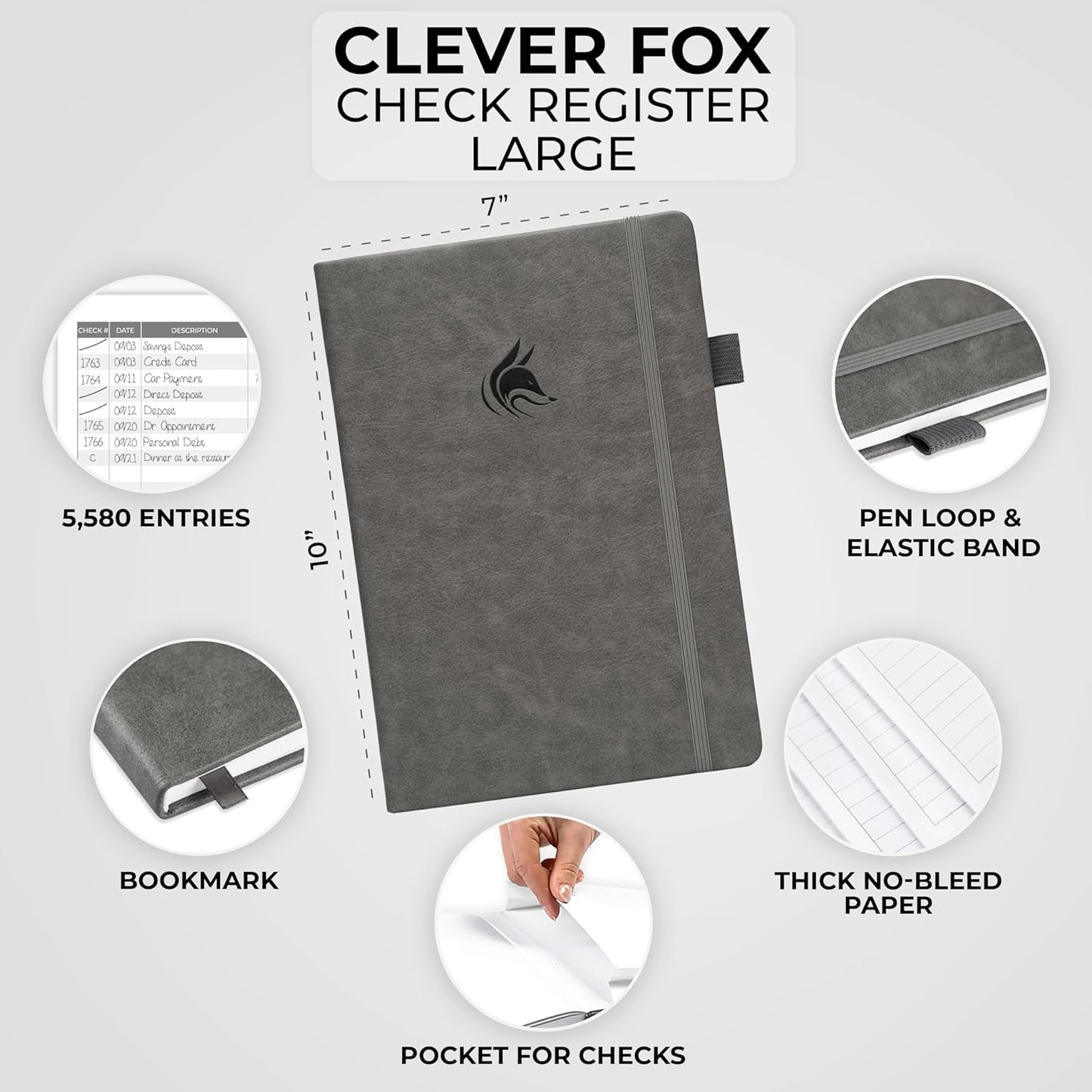Clever Fox Check Register Book - Deluxe Transaction Register, Accounting Ledger Book, Checkbook Register & Checking Account Register Book for Personal and Work Use, Large Size, 7x10” - Gray