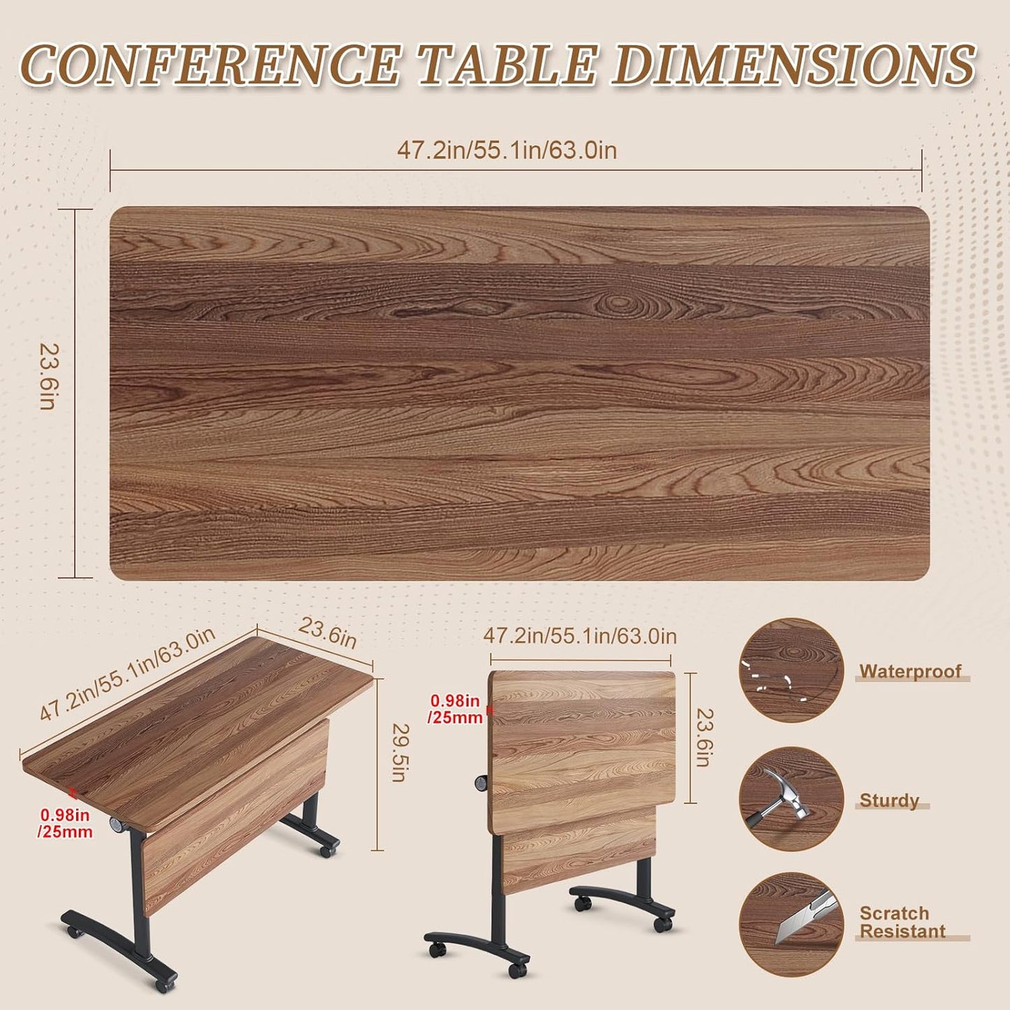 Folding Conference Room Table, Modern Conference Tables with Silent Wheels, Large Rectangular Mobile Training Tables for Office Classroom, Foldable Modular Boardroom Seminar Table (4pack L63in)