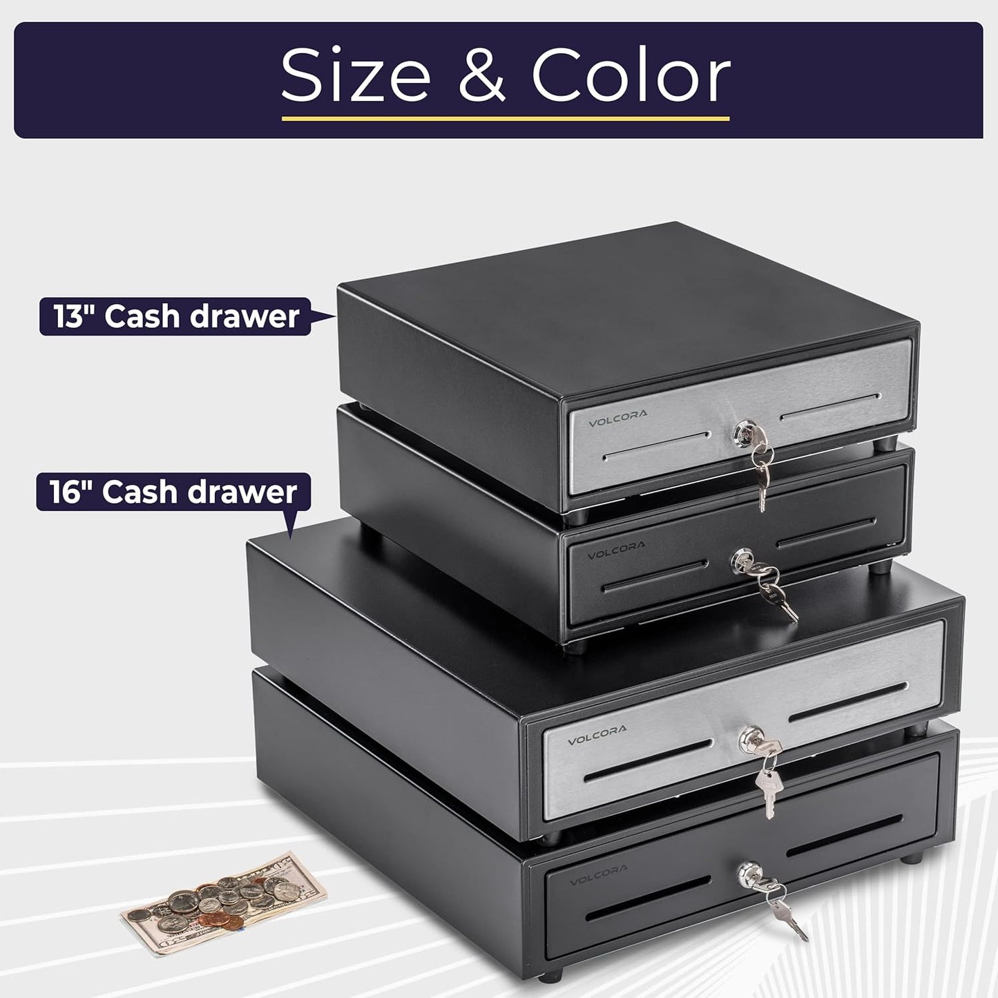 Volcora 16" Manual Push Open Cash Register Drawer for Point of Sale (POS) System - Black and Stainless Steel Front Touch Panel - Durable Cash Drawer with Removable Tray, 5 Bills and 8 Coin Slots
