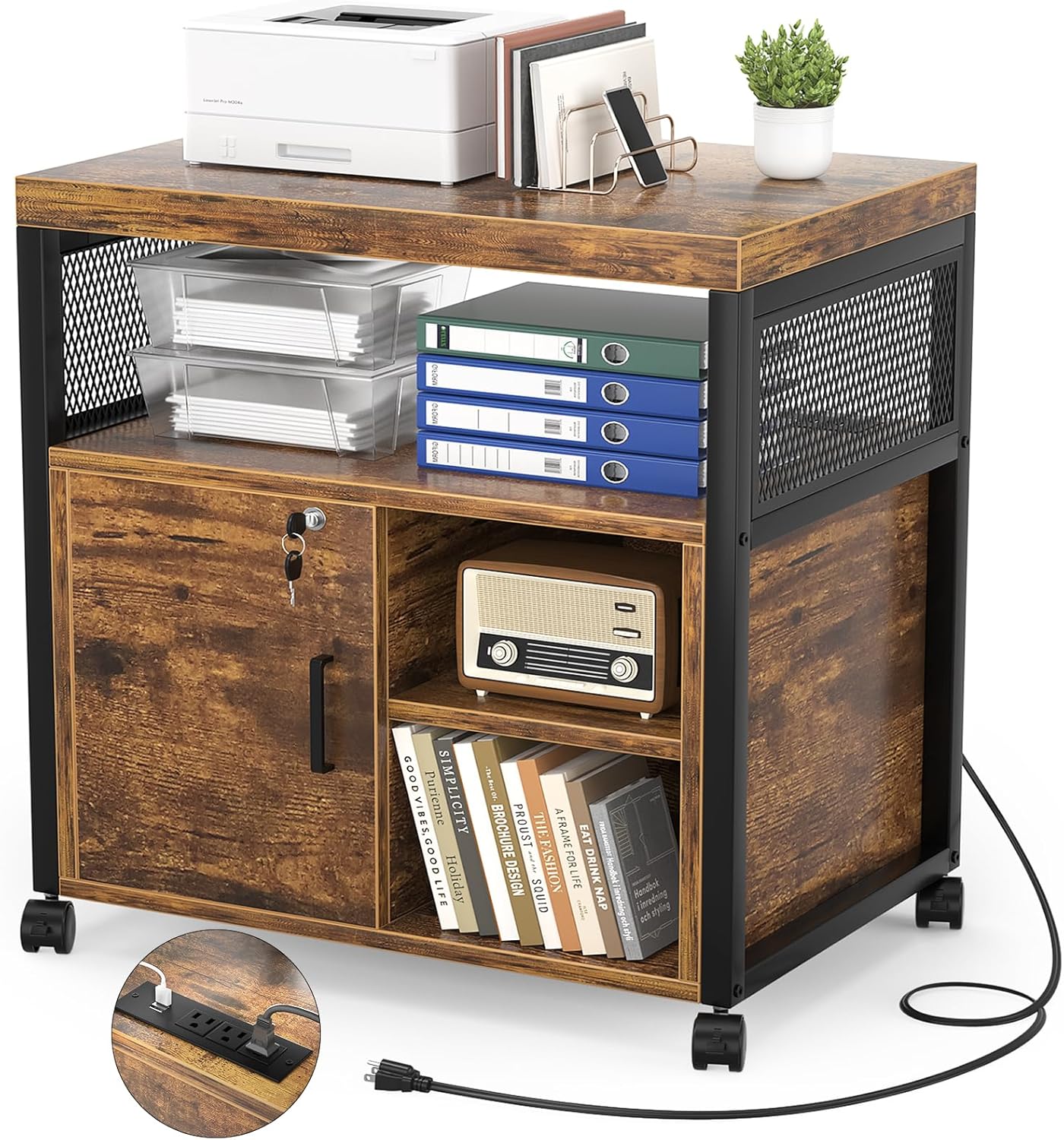 Unikito Lateral File Cabinet, Locking Office Filing Cabinets with Socket and USB Charging Port, Modern Rolling Printer Stand with Storage for A4, Letter Size and File Folders, Rustic Brown