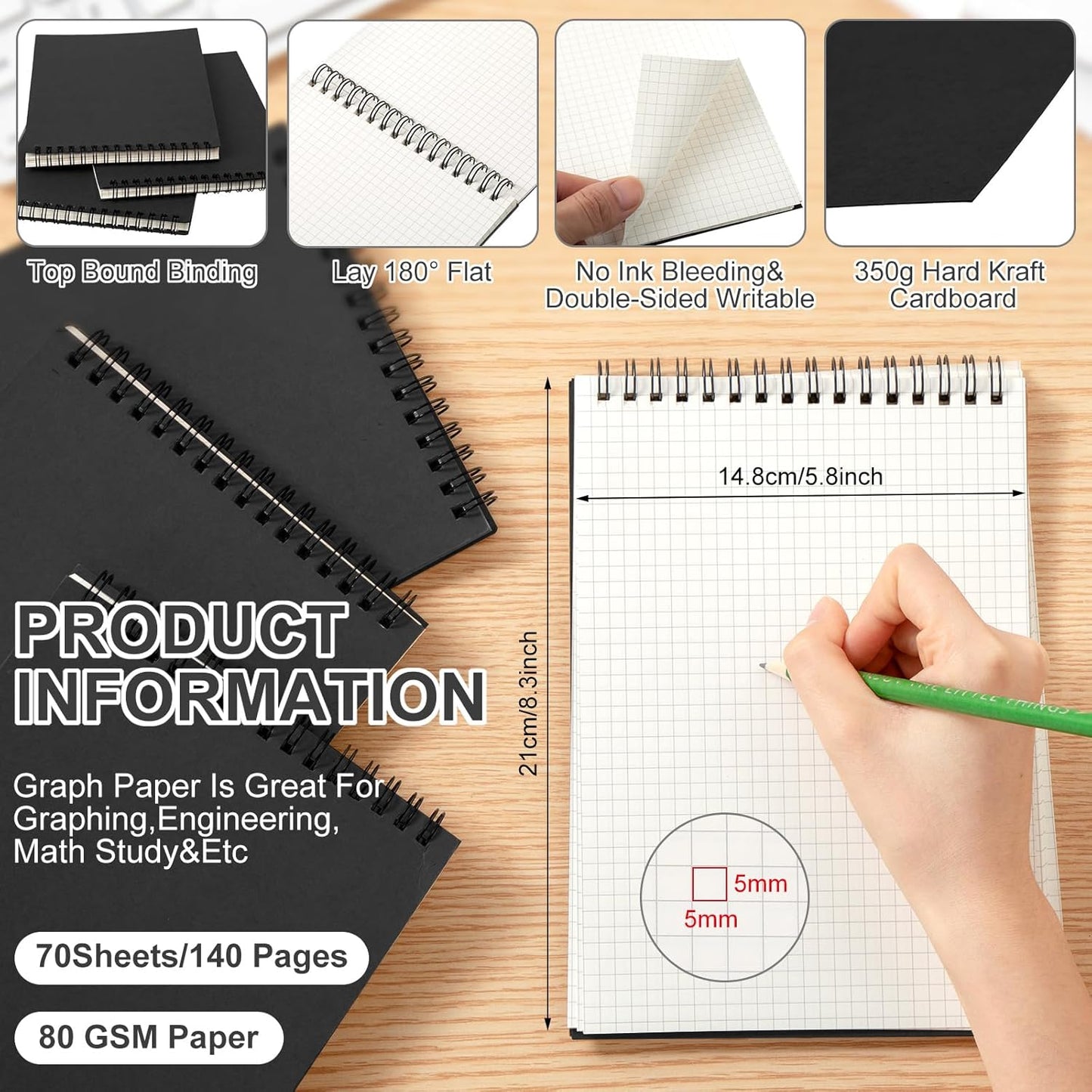 6 Pack Graph Paper Spiral Notepad A5 Top Wirebound Notepad Grid Notebook Steno Pads Memo Notebook Grid Paper 140 Pages for Writing Sketching Drawing Office Supplies (Black)