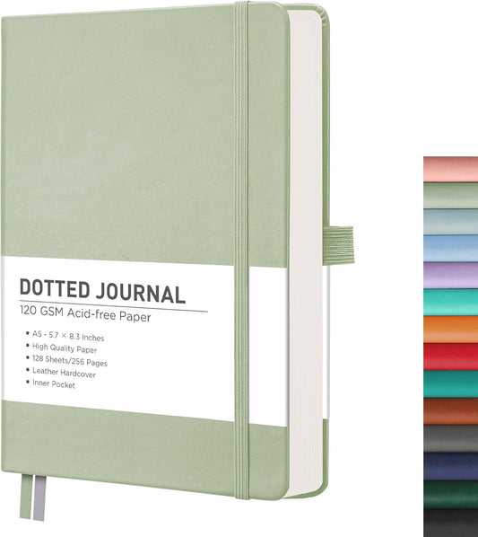 RETTACY Bullet Dotted Journal Notebook, 256 Pages, A5 Medium Size (5.7'' × 8.3''), Leather Hardcover, 120 GSM Thick Paper, for Bullet Journaling, Planning, Tracking (Light Green)
