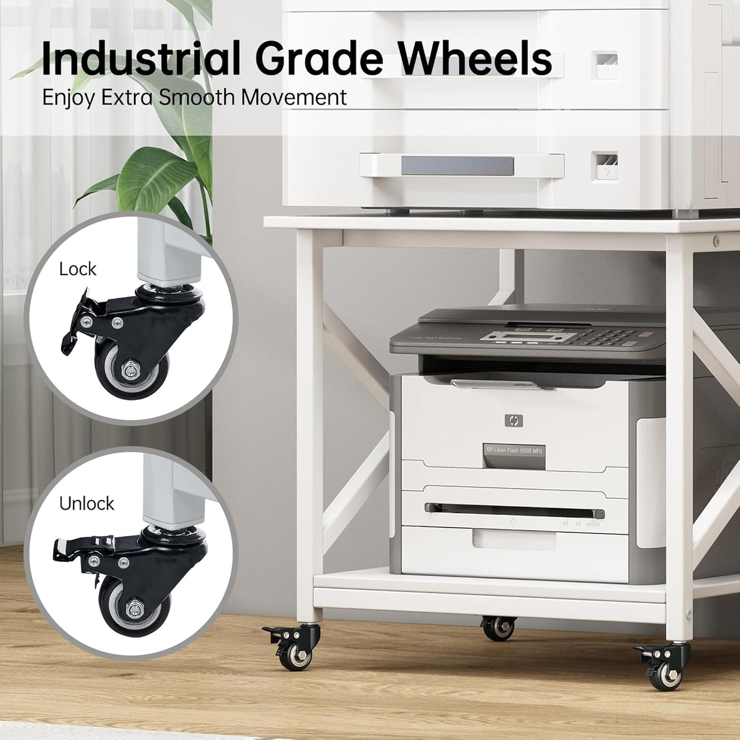 23.6 x 23.6 Inches Large Printer Stand, 2 Tier Square Printer Table with Storage Shelf for Home Office, Multi-use Rolling Cart with Wheels for Laser, 3D Printer and Mini Fridge - White