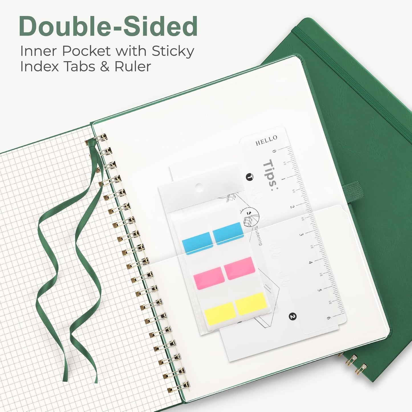 RETTACY Graph Grid Paper Notebook, 110 Pages, A4 Large Size (8.5'' × 11''), 5 Squares per Inch, Leather Hardcover, 100 GSM Thick Paper, for School, Students, Math, Engineering (Dark Green)