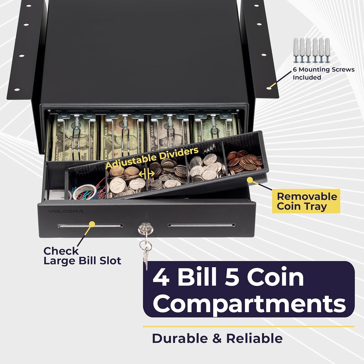 Volcora 13" Electronic Cash Register Drawer with Under Counter Mounting Metal Bracket - POS, 4 Bill 5 Coin Cash Tray, Removable Coin Compartment, 24V RJ11/RJ12 Key-Lock, Media Slot, Black