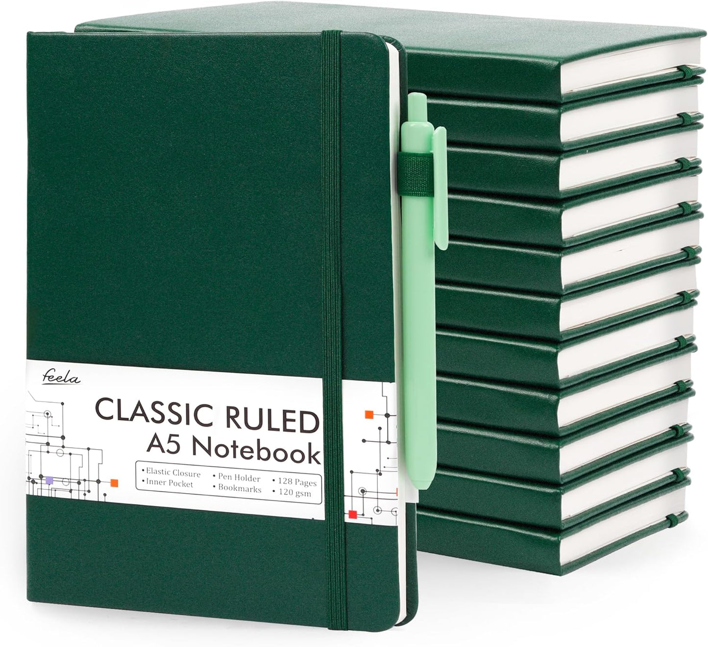 feela 12 Pack Notebooks Journals Bulk with 12 Black Pens, A5 Hardcover Notebook Classic Ruled Journal Set with Pen Holder for School Business Work Travel Writing, 120 GSM, 5.1”x8.3”, Dark Green