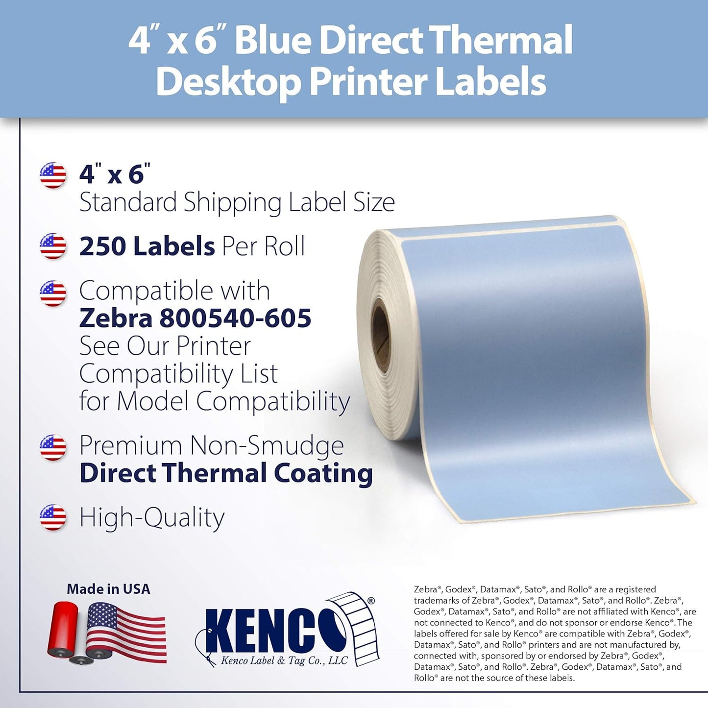 4" X 6" Direct Thermal Perforated Stickers Labels for Shipping Labels, Inventory, and Color Coding - Compatible with Zebra, Rollo, Godex and More (Blue, 1 Roll)