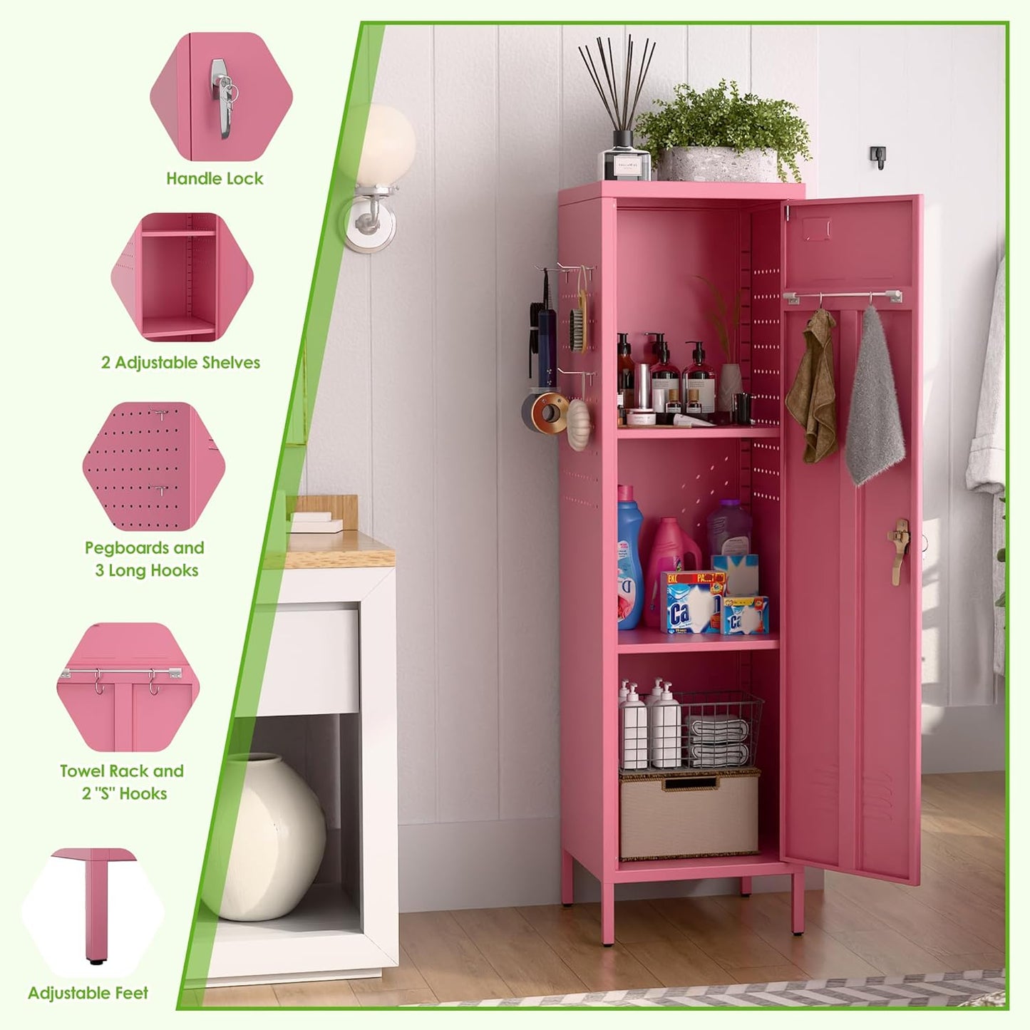 Aobabo Metal 54" H Metal Storage Locker for Employees, Lockable 1 Door with Towel Rack and 2 Side Pegboards with Hooks for School Office Gym Home, Assembly Required (Pink)