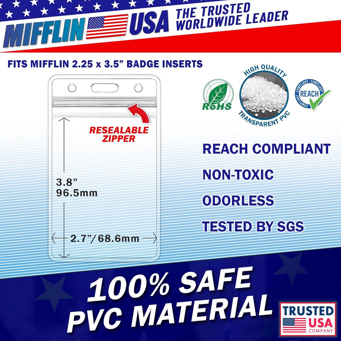 Mifflin-USA Plastic Waterproof ID Badge Holders (Clear, 2.25x3.5 Inch, 50 Pack), Vertical Hanging Name Card Holder with Zipper, Resealable Bulk Nametag Holders