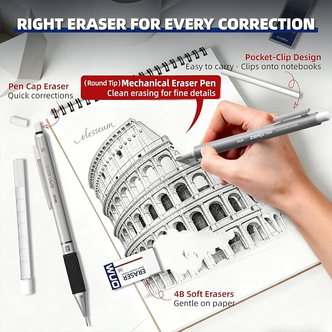 WUO 0.5mm Mechanical Pencil Set, 1 Eraser Pen, 12 Eraser Refills, Storage Case - Image 2