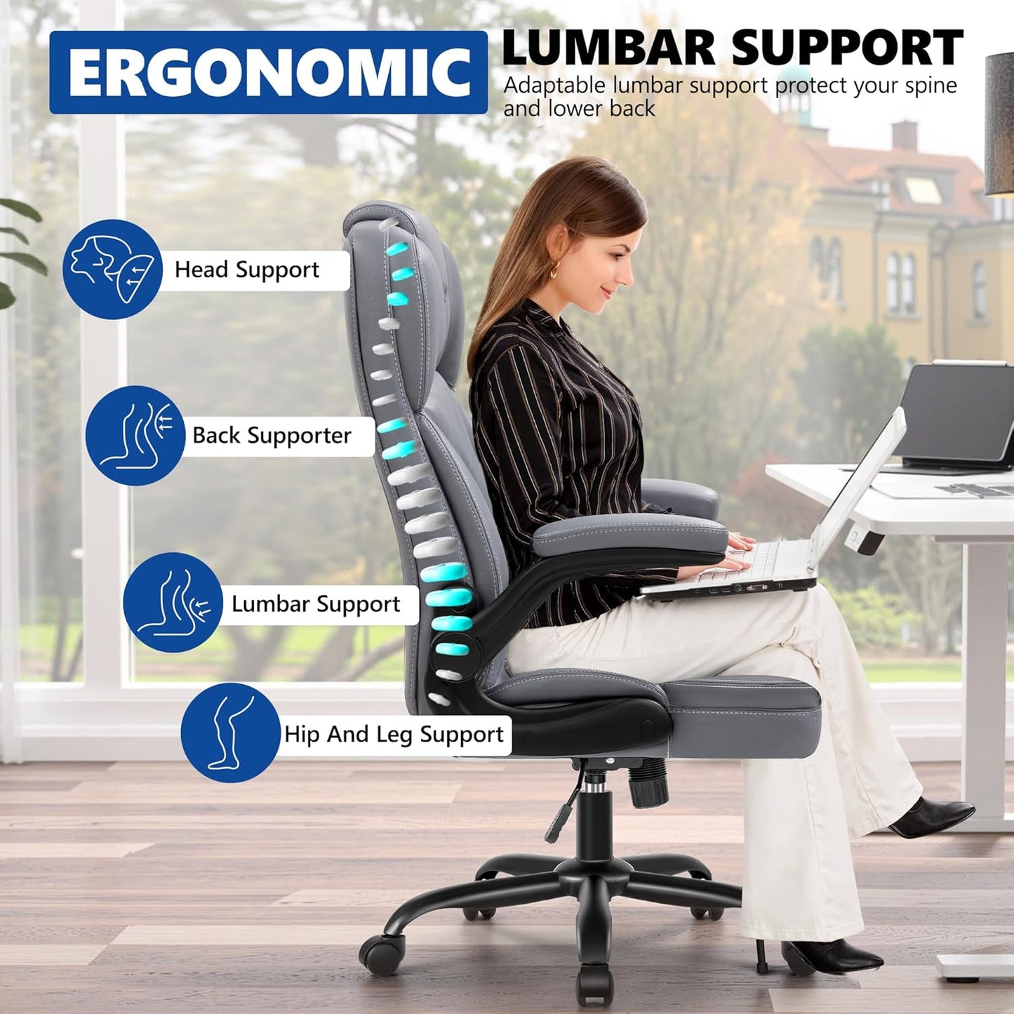PU Leather Executive Office Chair, Ergonomic High-Back Computer & Gaming Chair with Adjustable Height, Rolling Swivel & Flip-Up Armrests, Comfy Padded Seat for Home Office-Gray