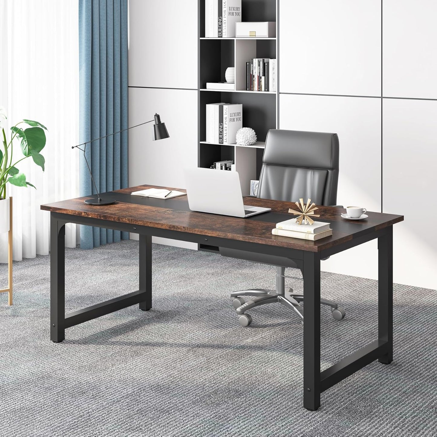 Tribesigns 63” Executive Desk, Large Office Computer Desk with Thicken Frame, Modern Simple Workstation Business Furniture for Home Office, Vintage Brown/Black