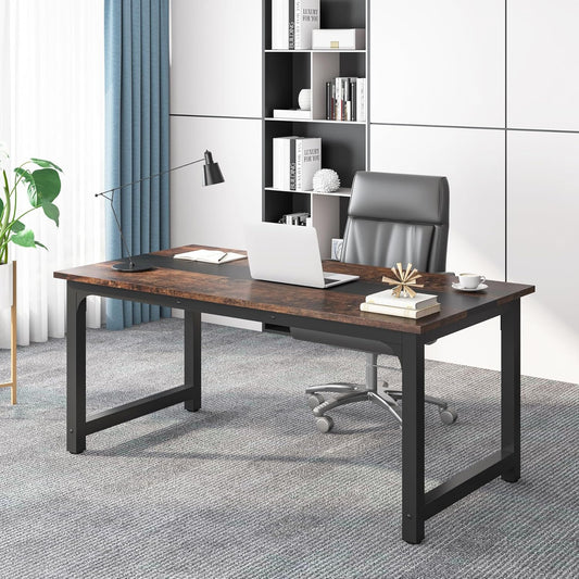 Tribesigns 63” Executive Desk, Large Office Computer Desk with Thicken Frame, Modern Simple Workstation Business Furniture for Home Office, Vintage Brown/Black
