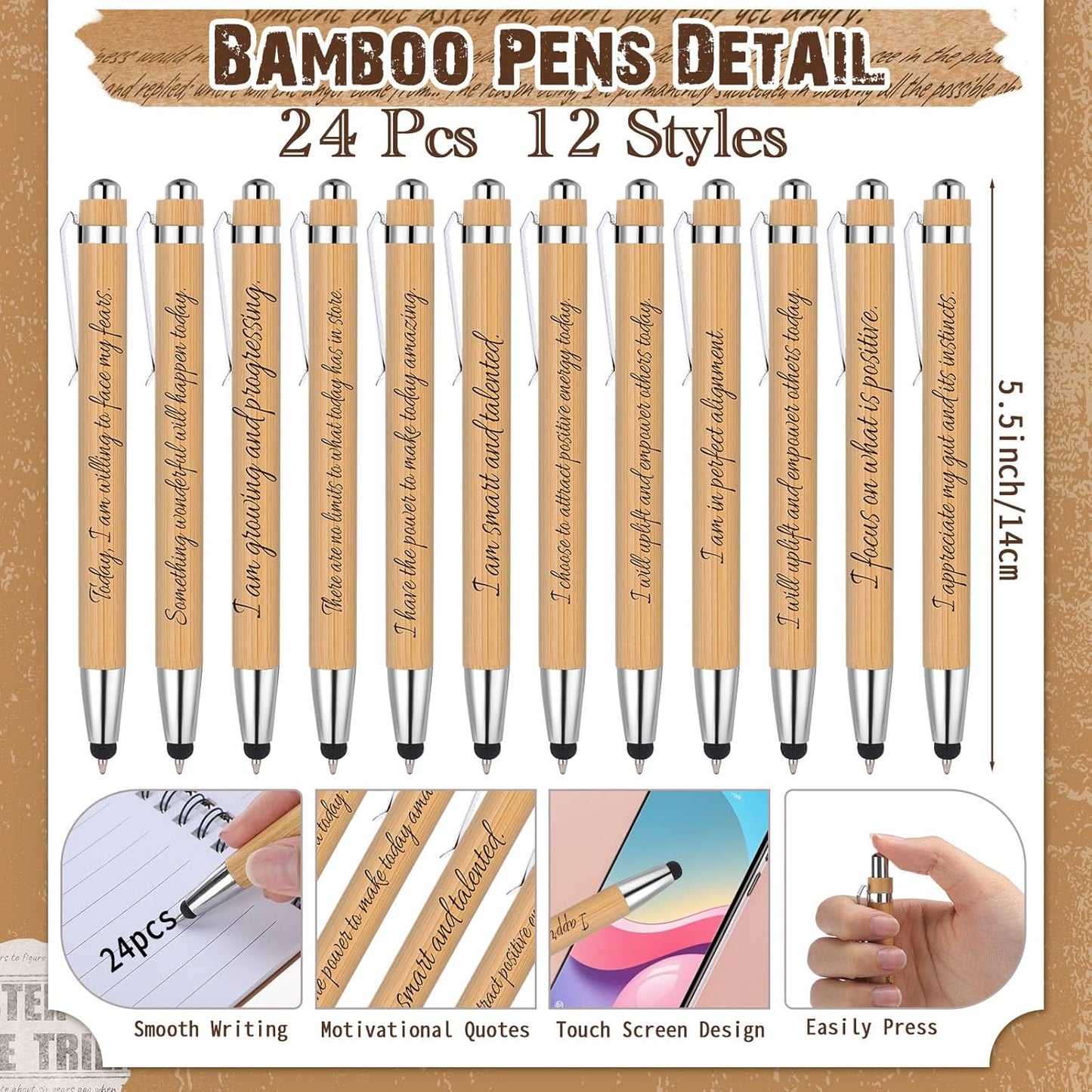 Pasimy 48 Pcs/24 Set Bulk Positive Affirmation Spiral Notebooks with Bamboo Pen Daily Affirmation Gift Set Motivational Encouragement Notepad Small Journals 5.5 x 3.9 inch for Women Self Care