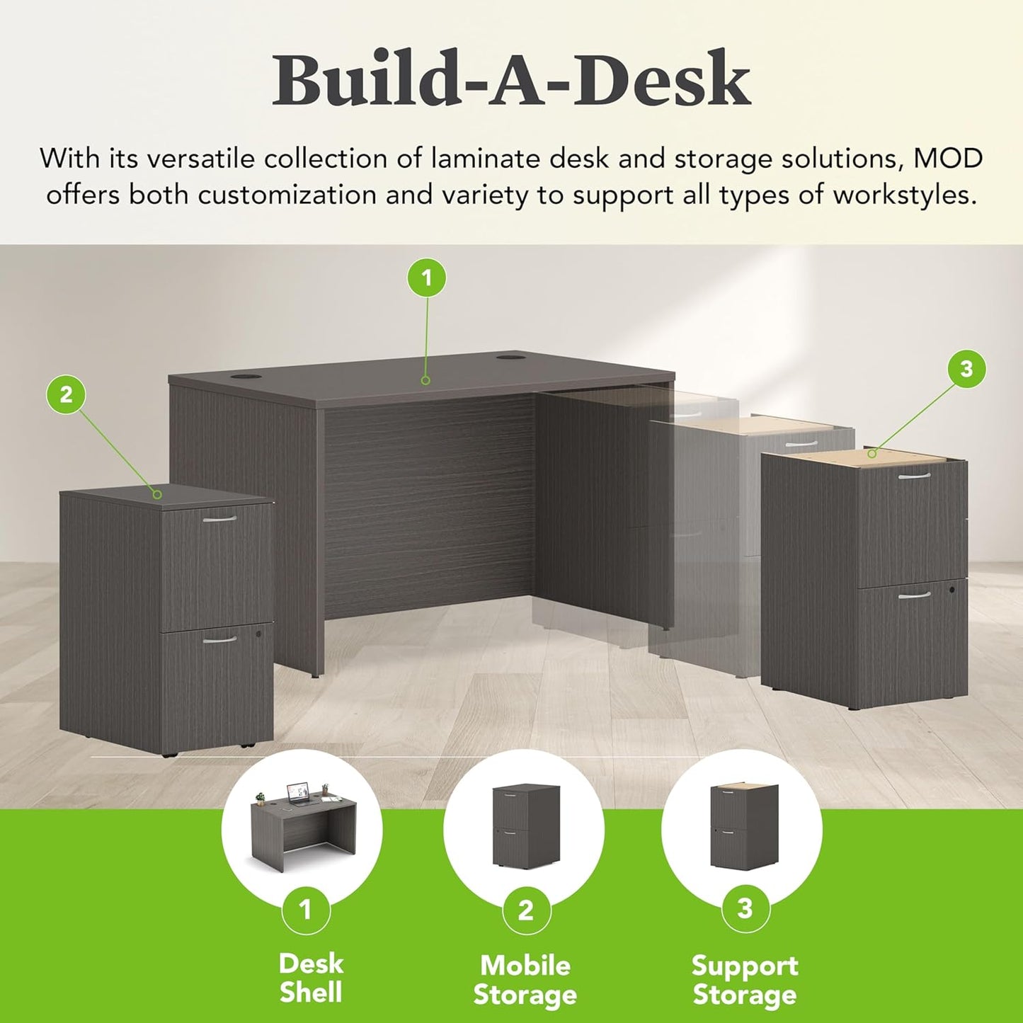 HON MOD Executive Desk 48-Inch Large Computer Desk Shell, Thick Wooden Laminate, Modern Table with Cord Management, 48" W x 30" D x 29" H, Slate Teak