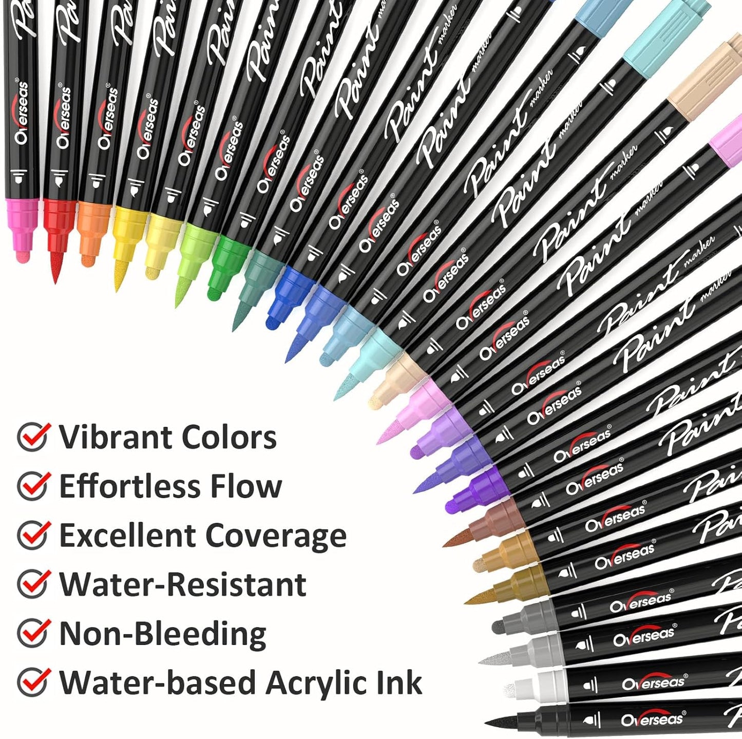 Overseas 12 Dual-Tip Acrylic Paint Markers Pens - Acrylic Paint Pens with Brush and Dot Tip, No Bleeding Coloring Marker for Wood, Rock, Glass, Metal, Ceramic, Plastic, Fabric, Teacher Supplies