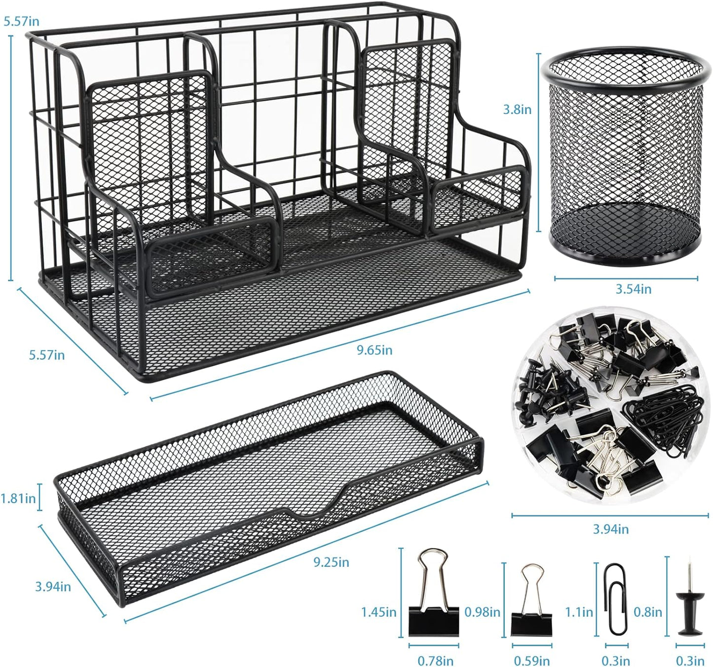 Desk Organizers Caddy and Accessories with 7 Compartments + Pen Holder / 72 Clips Set, Drawer, Black Mesh Office Supplies Desktop Organizer for Home, Office Ect
