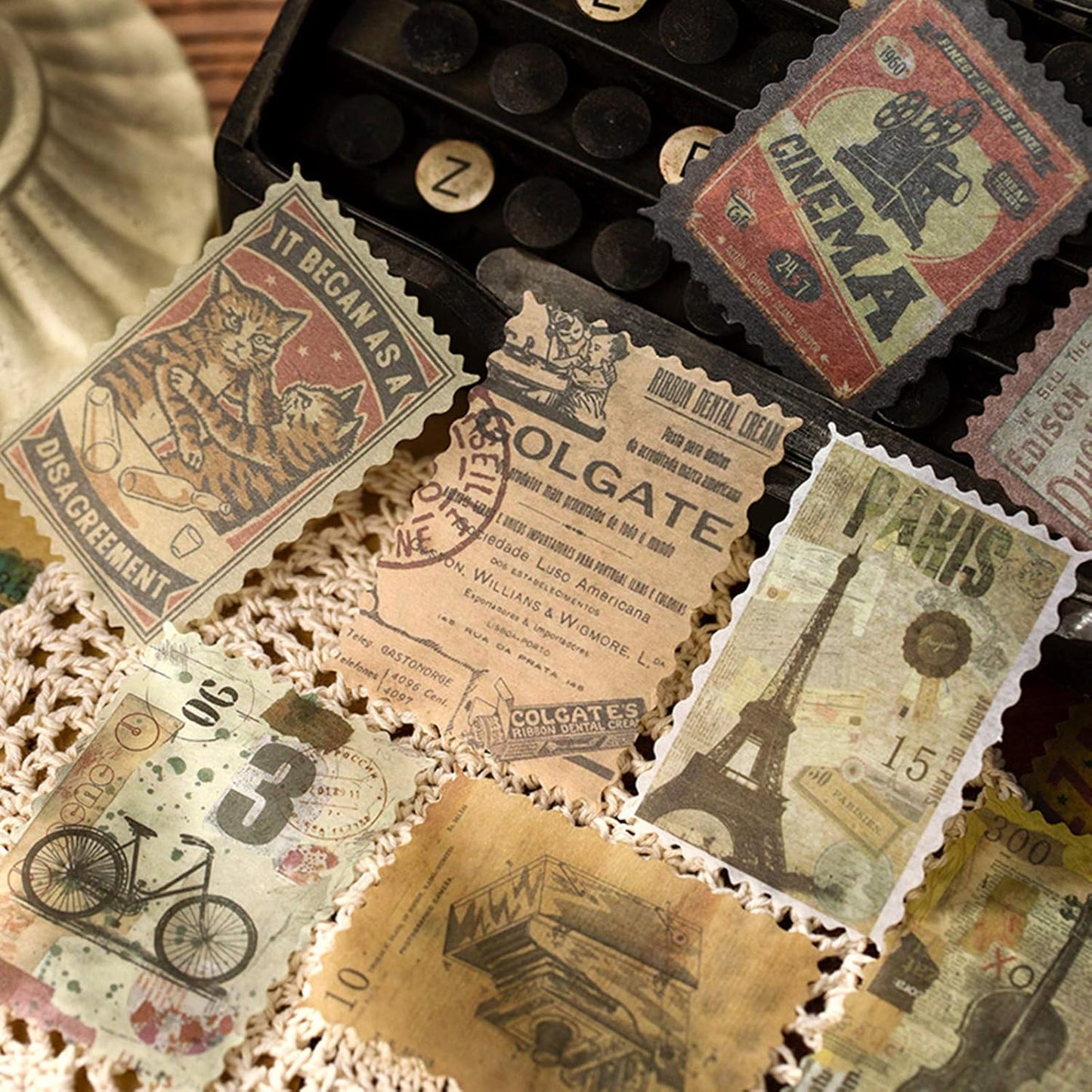 60pcs Vintage Postage Stamp Stickers, Aesthetic Modern Deco Paper Sticker for Scrapbooking, Journaling Supplies, Planners, Kid DIY Art Crafts