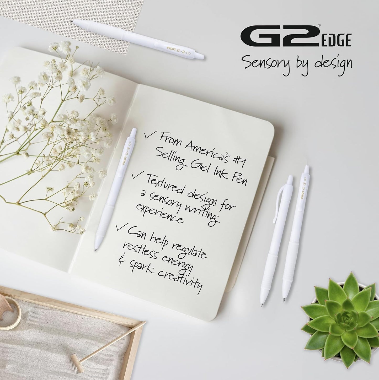 PILOT, G2 Edge White Premium Gel Roller Pens, Sensory Writing Experience, 8ct box, Fine Point 0.7 mm