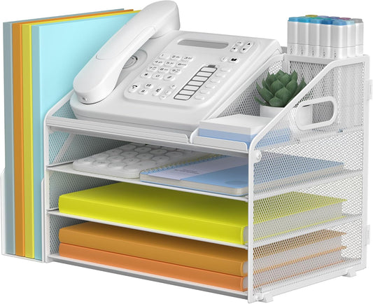 DocNest 4 Tier Paper Letter Tray File Organizer, Mesh Desk File with Handle, Workspace Desk Organizers with Pen Holder, Office Organization Storage Accessories - White