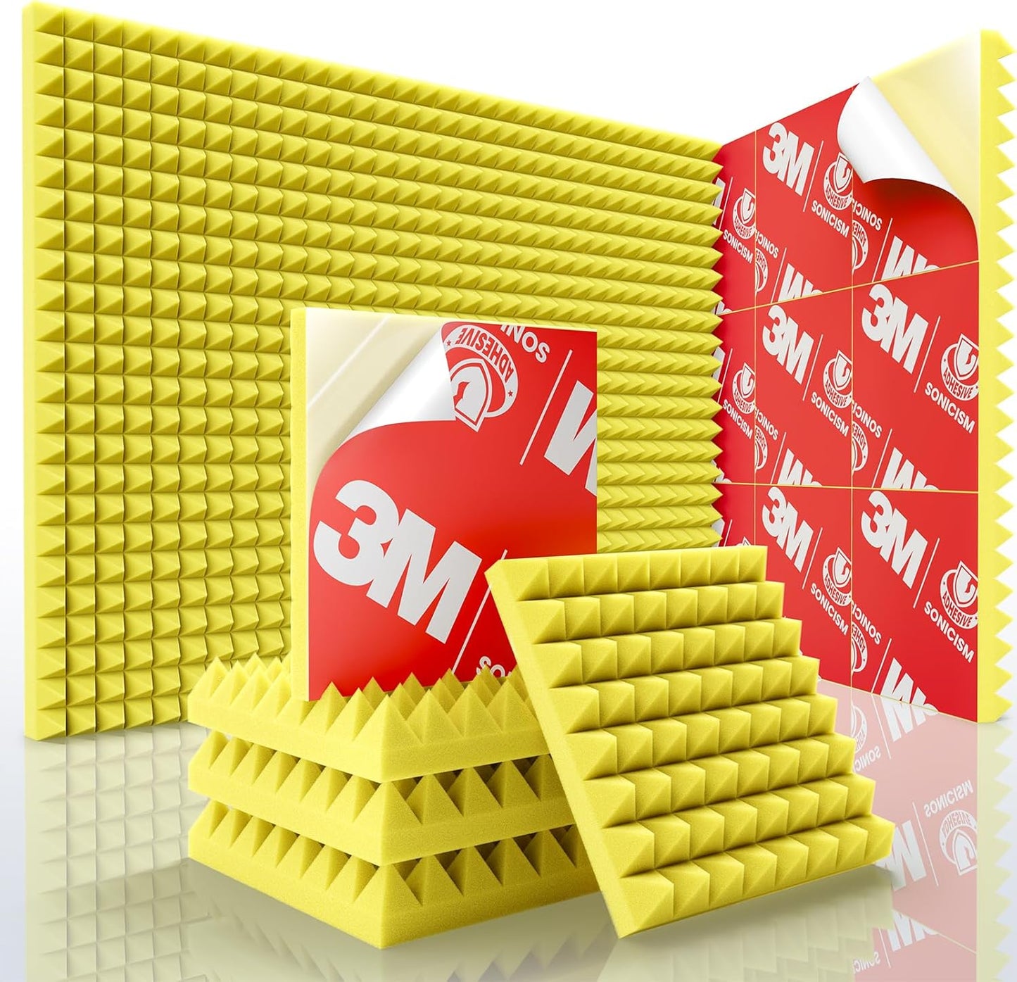 Sonicism Acoustic Panels Self-Adhesive Pyramid 12 Pack,12" X 12" X 2" Sound Proof Foam Panels for Walls,35kg/m³High Density Soundproof Wall Panels Fast Expand,Sound Absorption & Decoration(Yellow)