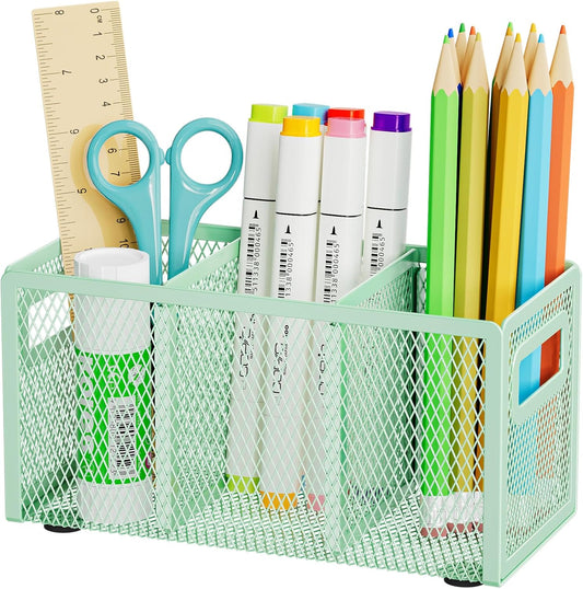 Marbrasse Mesh Pen Holder for Desk,Pencil Holder Desk Organizer 3 Adjustable Compartments,Pencil Cup with Handle Perfect for Classroom, Office, Home,Makeup,Art (Green)