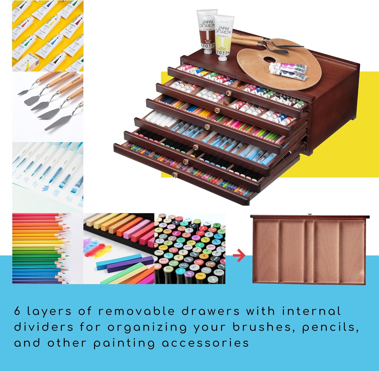 MEEDEN 6-Drawer Wood Artist Supply Storage Box, Portable Beechwood Multifunctional Pencil Brush Organizer Wood Box with Drawer&Compartments for Pastels, Pencils, Pens, Makeup Brushes(Mahogany Color)