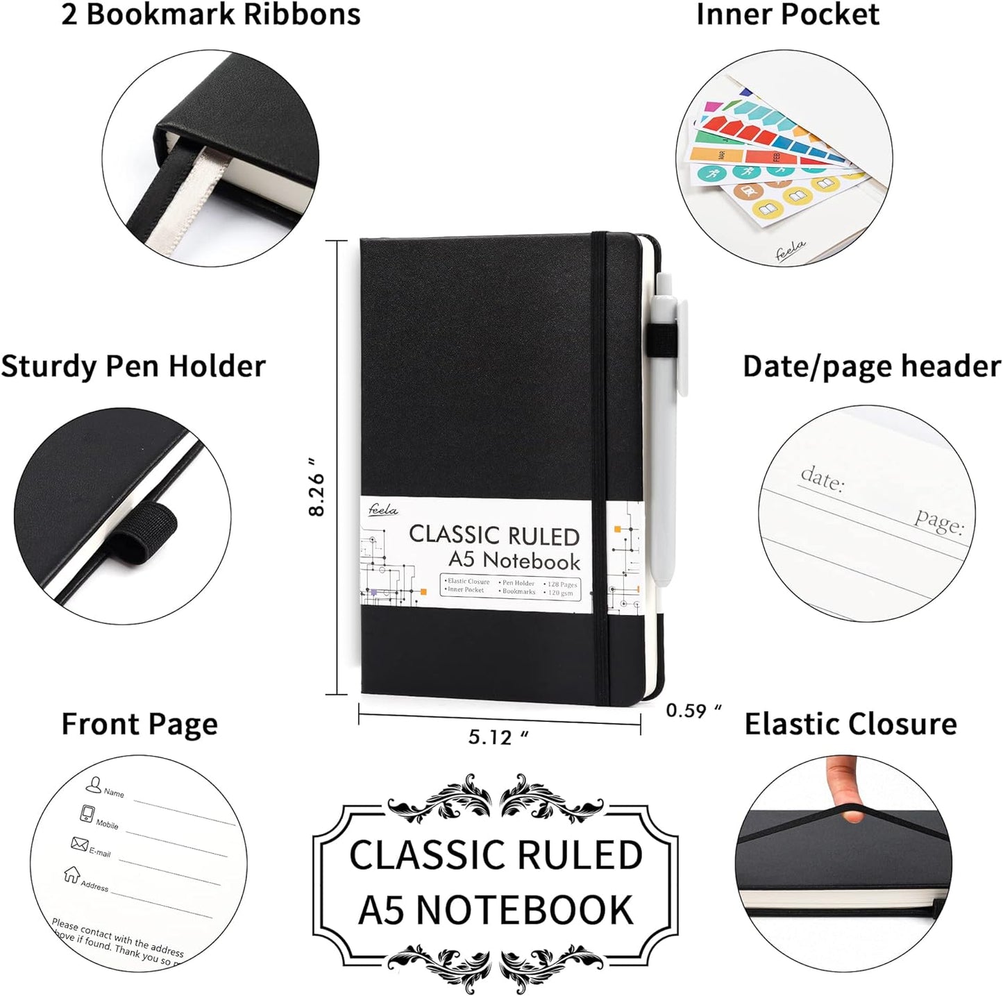 feela 24 Pack Journal Notebook for Work, Business Notebook Bulk Hardcover Lined Writing Journal with Pen Holder for Men Women Note Taking, with 24 Black Pens, 120 GSM, 5.1”x8.3”, A5, Black