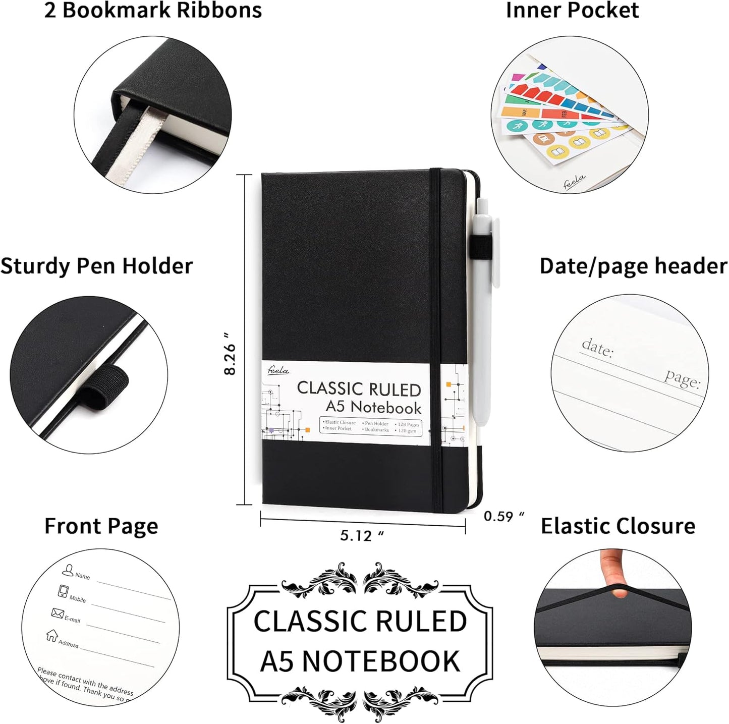 feela 8 Pack Journal Notebook Bulk for School, Hardcover Business Notebooks Classic Ruled Lined Journals with Pen Holder for Work Note Taking, with 8 Black Pens, 120 GSM, 5.1”x8.3”, A5, Black