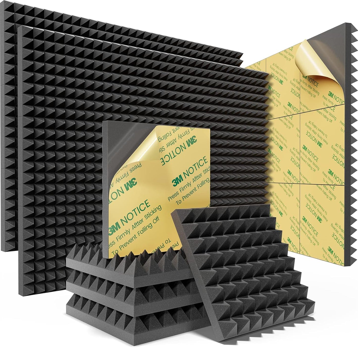 Sonicism Sound Proof Foam Panels for Walls Upgrade Self-Adhesive 16 Pack Pyramid 3"X12"X12" Acoustic Panels 35kg/m³High Density,Soundproof Wall Panels Fast Expand,Sound Absorption and Decoration,Black