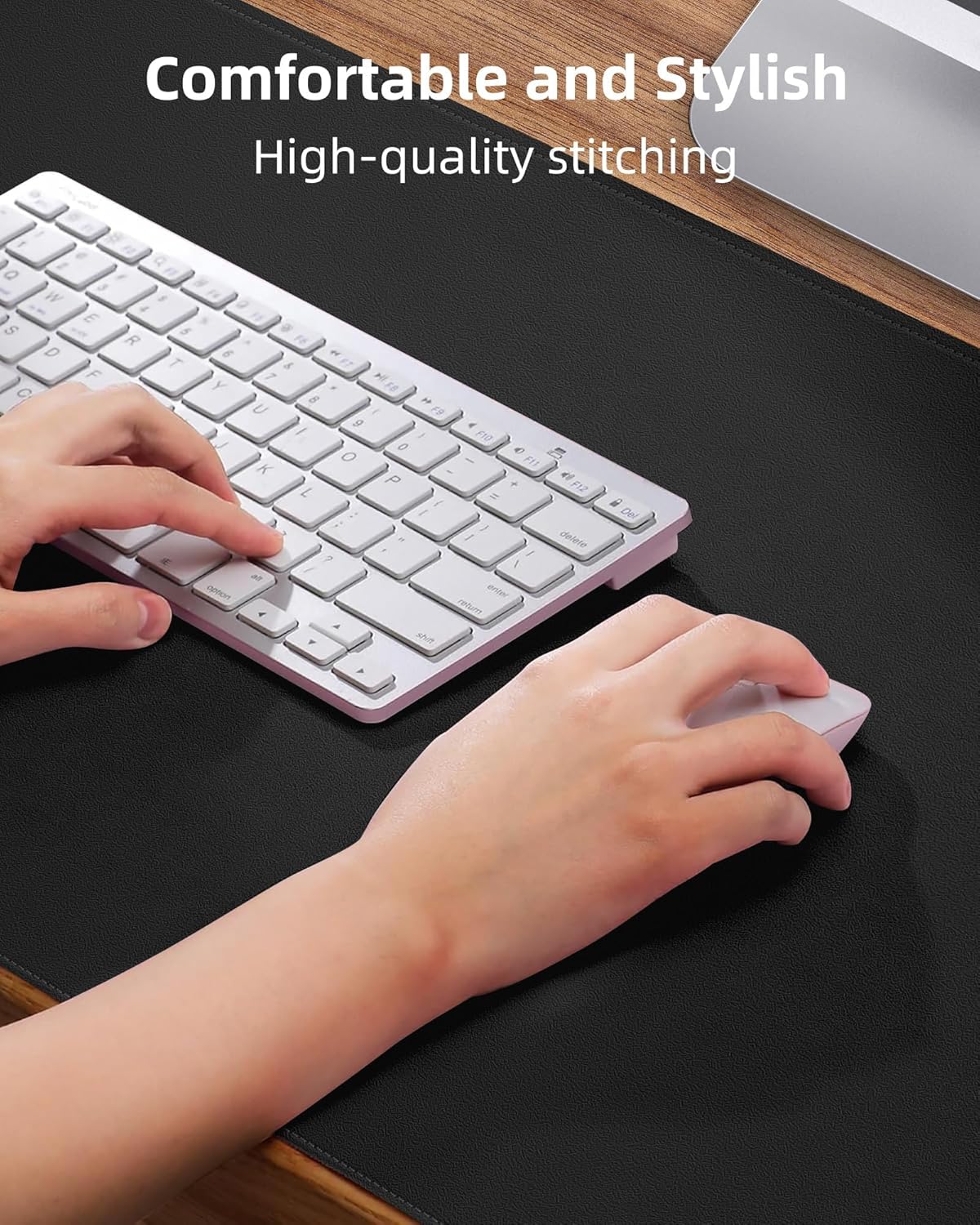 Leather Desk Pad Protector Large Mouse Pad, Stitch Locked Edge Non-Slip PU Leather Desk Mat Laptop Desk Pad Blotter, Waterproof Durable Writing Pad for Office and Home (Black, 120 x 43cm)