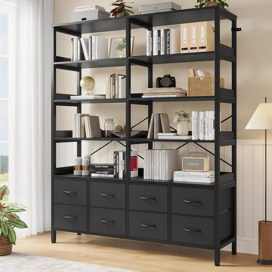 Bookshelf with 8 Fabric Drawers, 7-Tier Bookcase with Baffles Display Shelves, Industrial Large Book Shelf for Living Room Home Office, Black