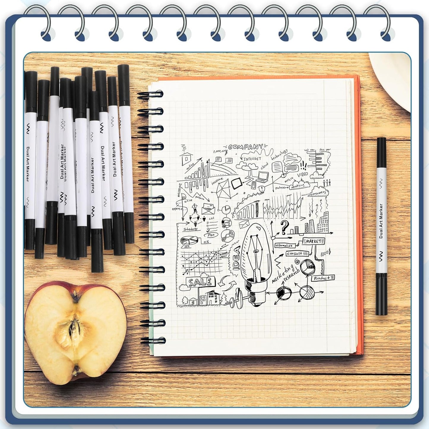 50 Pcs Black Drawing Pens Bulk Dual Brush Fineliners Pens Felt Tip Markers for Art Drawing Sketching