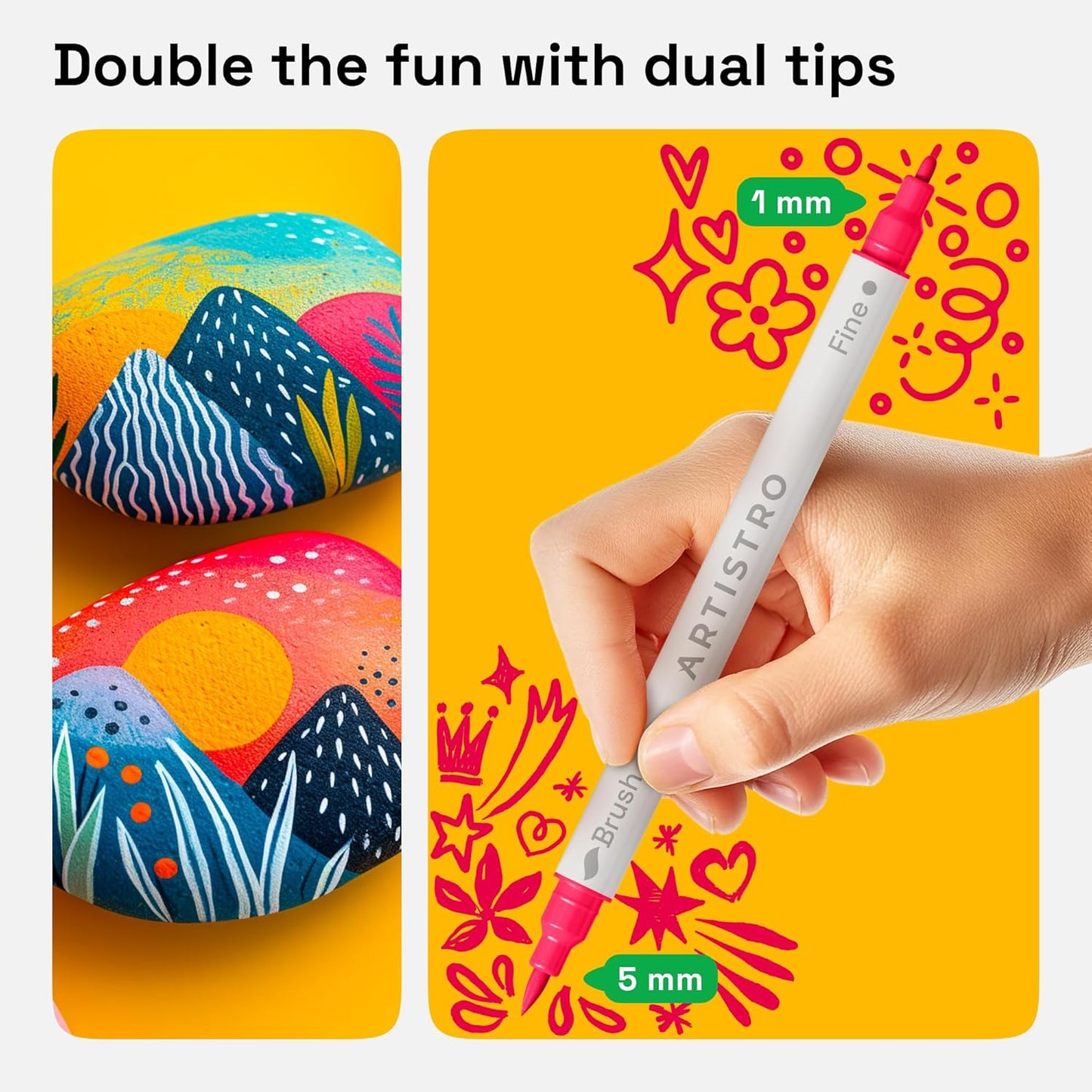 ARTISTRO 120 Dual Tip Acrylic Paint Markers - Easy for All Ages & Levels Acrylic Paint Pens for Fabric, Rocks, Paper, Wood, Canvas, Glass, DIY (Dual Tip Brush + Fine, 120)