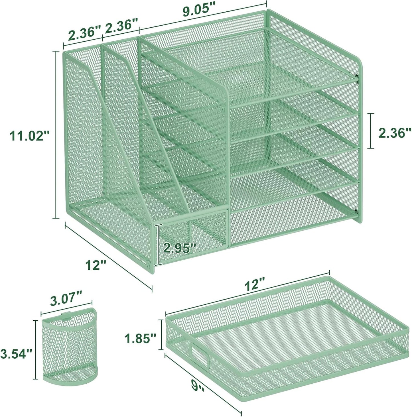 Marbrasse Desk Organizer with File Holder, 5-Tier Paper Letter Tray Organizer with Drawer and 2 Pen Holder, Mesh Desktop Organizer and Storage with Magazine Holder for Office Supplies (Green)