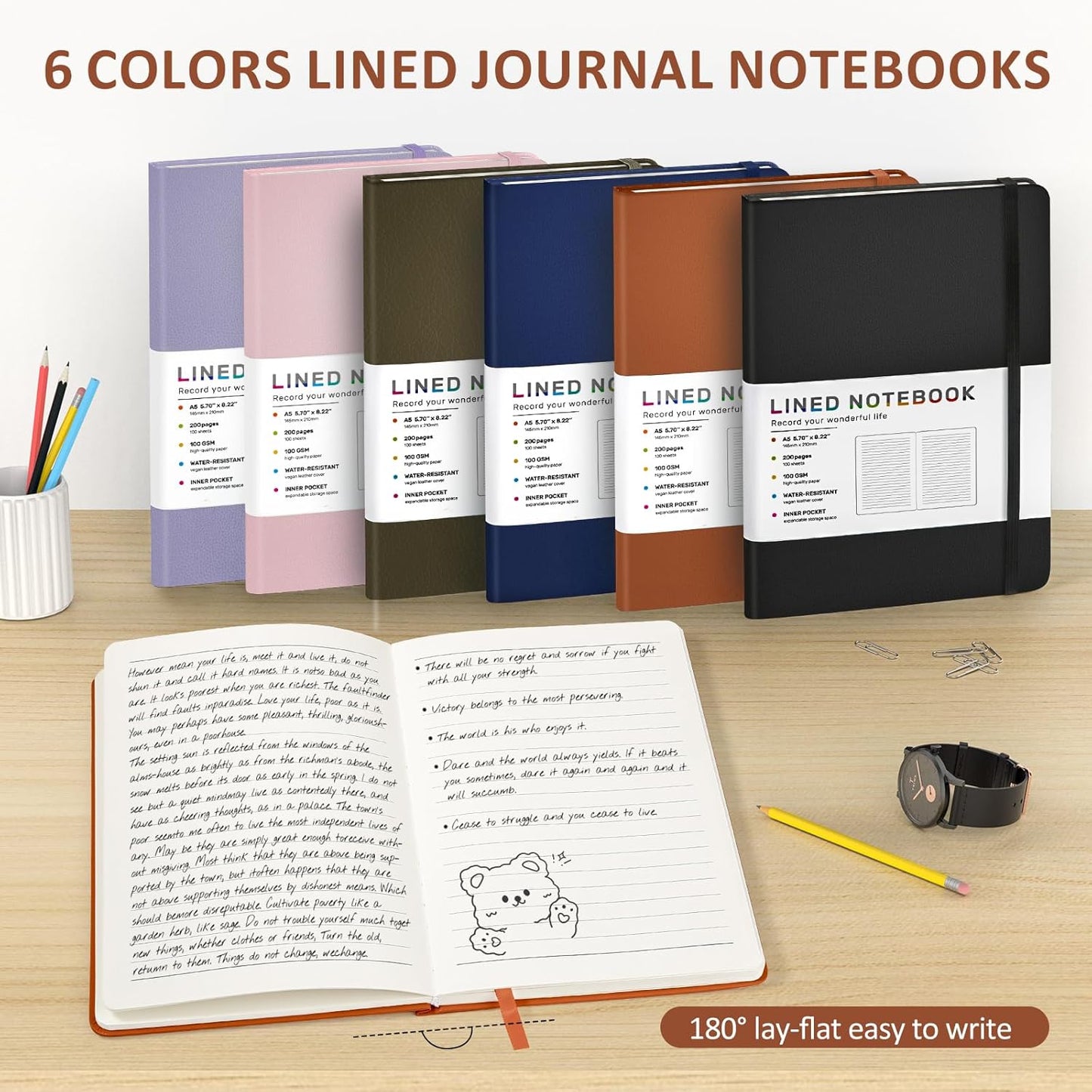 Lined Journal Notebook for Women Men, 200 Pages A5 Hardcover Leather Journals 5.7” x 8.3”, A5 College Ruled Notebooks with 100 GSM Thick Paper for Writing,Travel,School,Office,Work,Business(Brown)