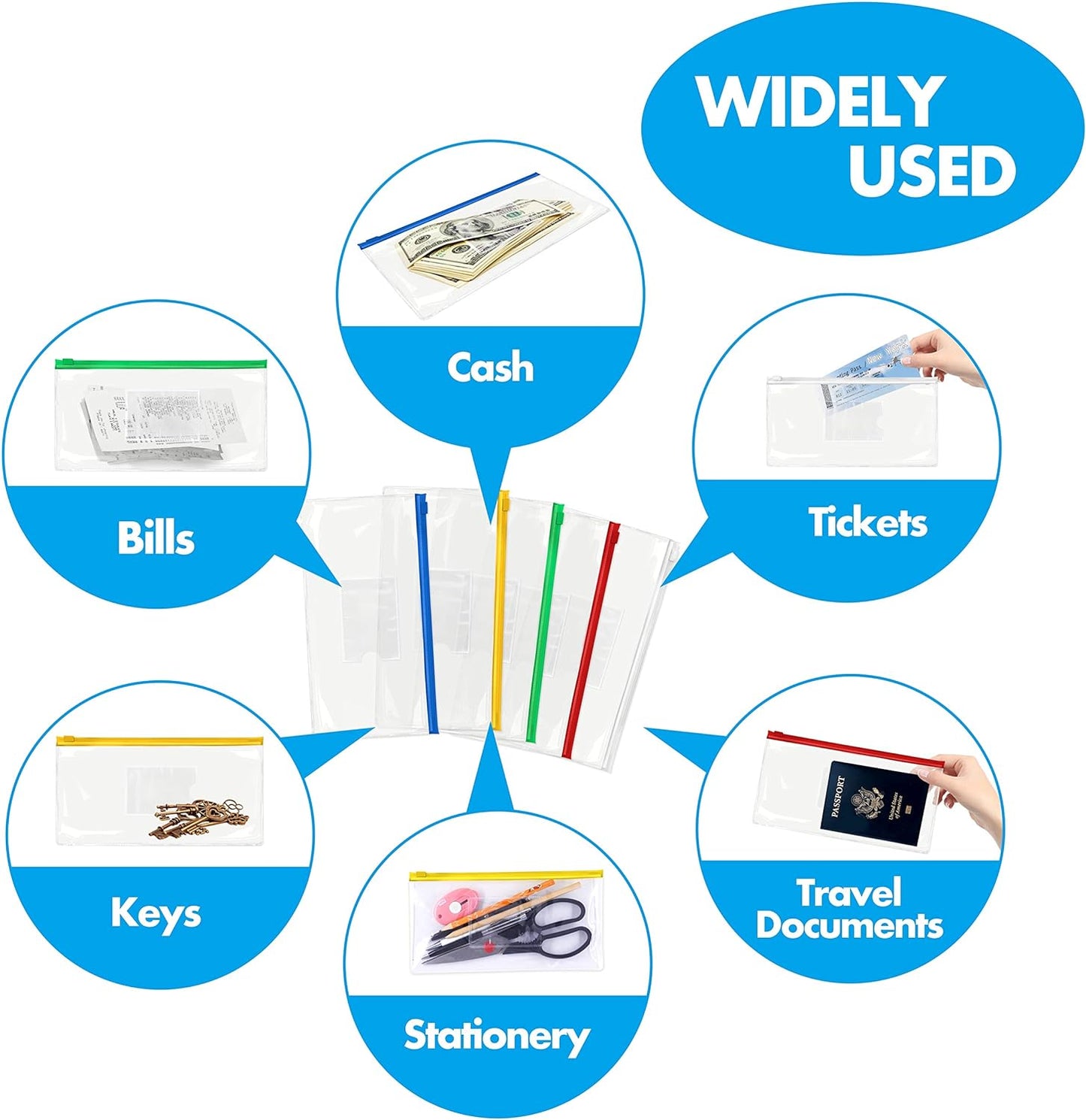 26 Clear Zip Envelope File Bill Document Bag Pocket Pencil Case with Tag Pocket, 5 Assorted Colors, 9.1” x 4.7”fit A6 Sheets